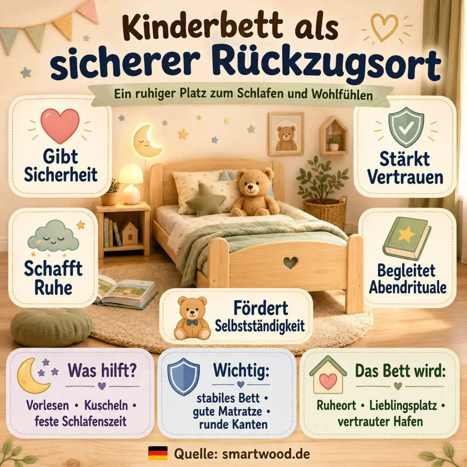 Infografik: Kinderbett als sicherer Rückzugsort - Sicherheit, Ruhe, Selbstständigkeit, Vertrauen und beruhigende Abendrituale für Kinder.