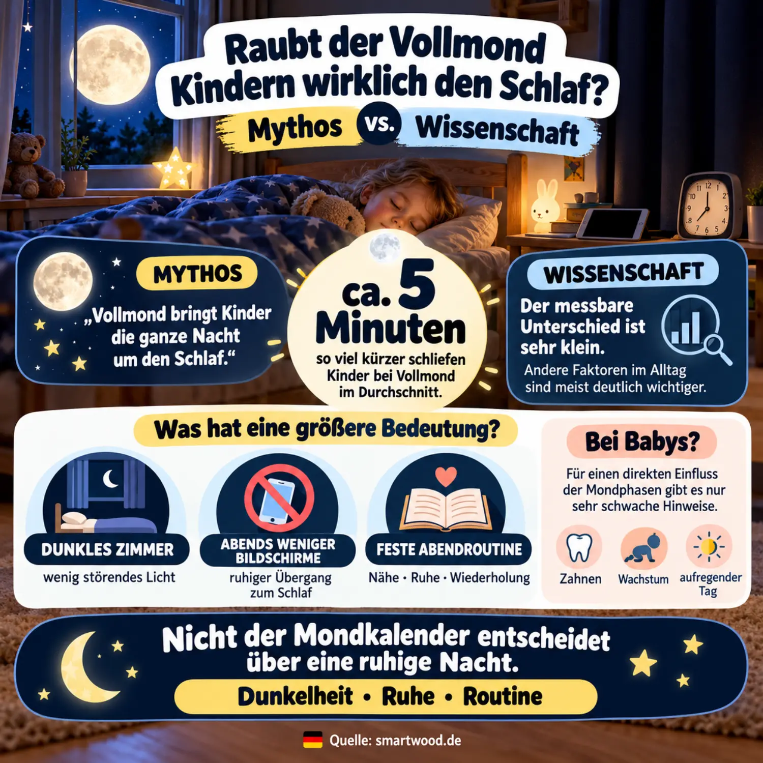 Kinderbett PIPI in Grün mit ausziehbarer Liegefläche, schlafendes Mädchen mit Teddy, Vollmond vor dem Fenster.