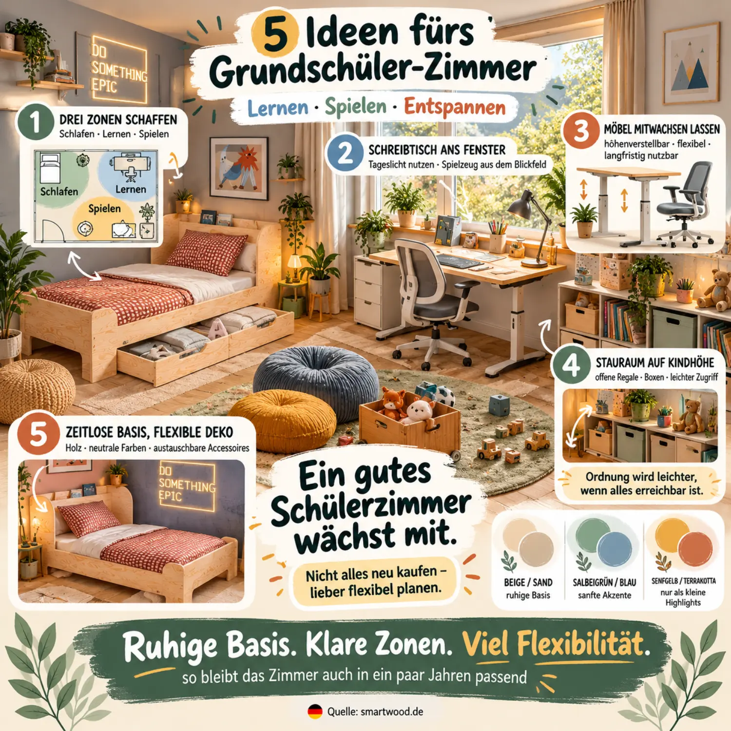 Infografik: fünf Ideen fürs Grundschüler-Zimmer — drei Zonen, Schreibtisch am Fenster, mitwachsende Möbel, Stauraum auf Kindhöhe und Farbkonzept.