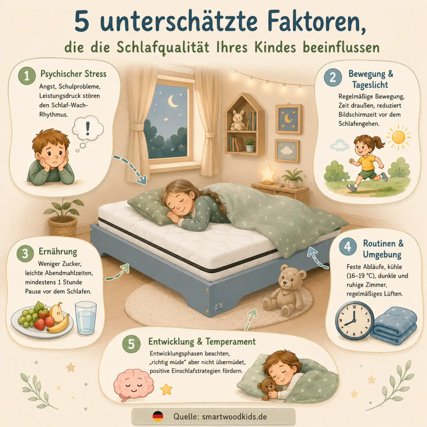 Smartwood-Infografik — 5 unterschätzte Faktoren, die die Schlafqualität Ihres Kindes beeinflussen: Stress, Bewegung, Ernährung, Routinen und Entwicklung.