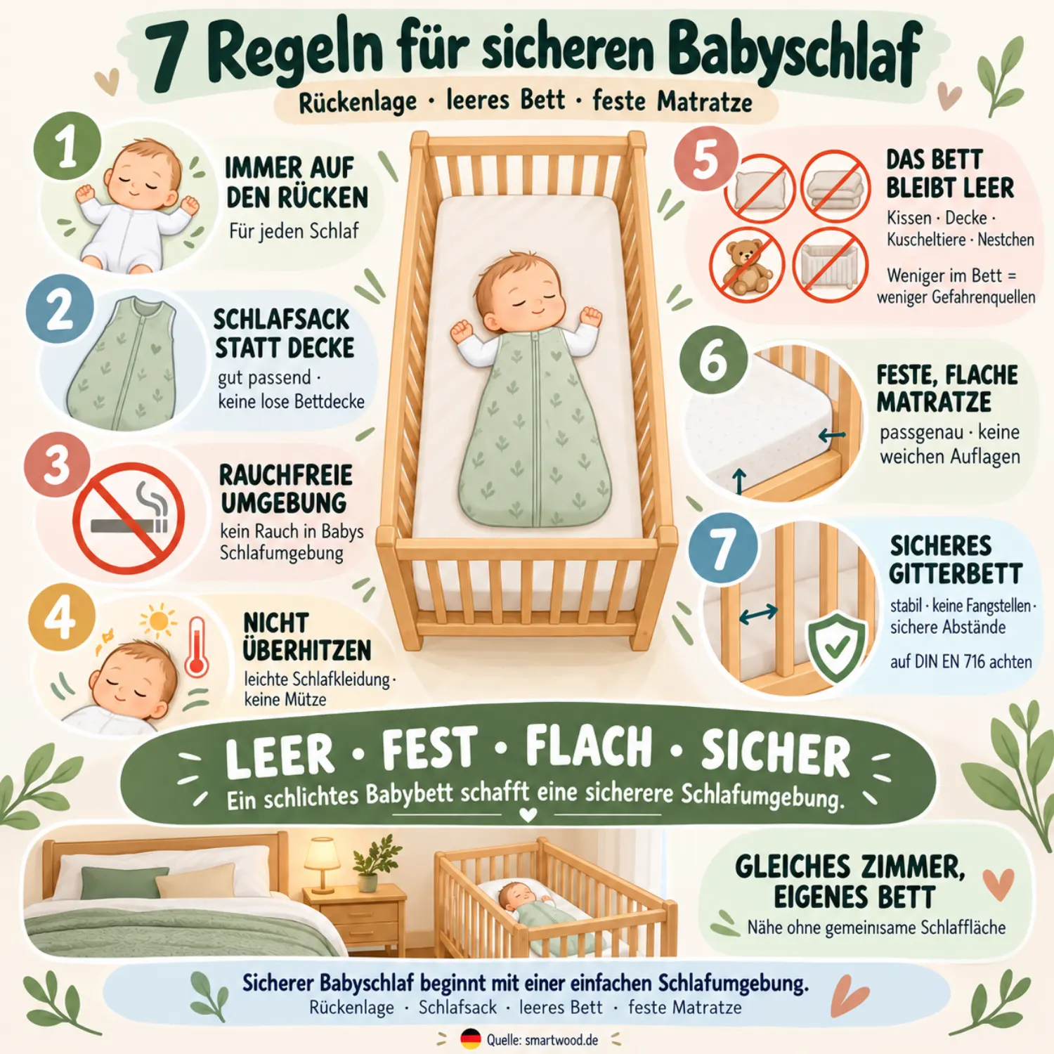 Infografik: sieben Regeln für sicheren Babyschlaf - Rückenlage, Schlafsack, rauchfreie Umgebung, leeres Bett und feste, flache Matratze.