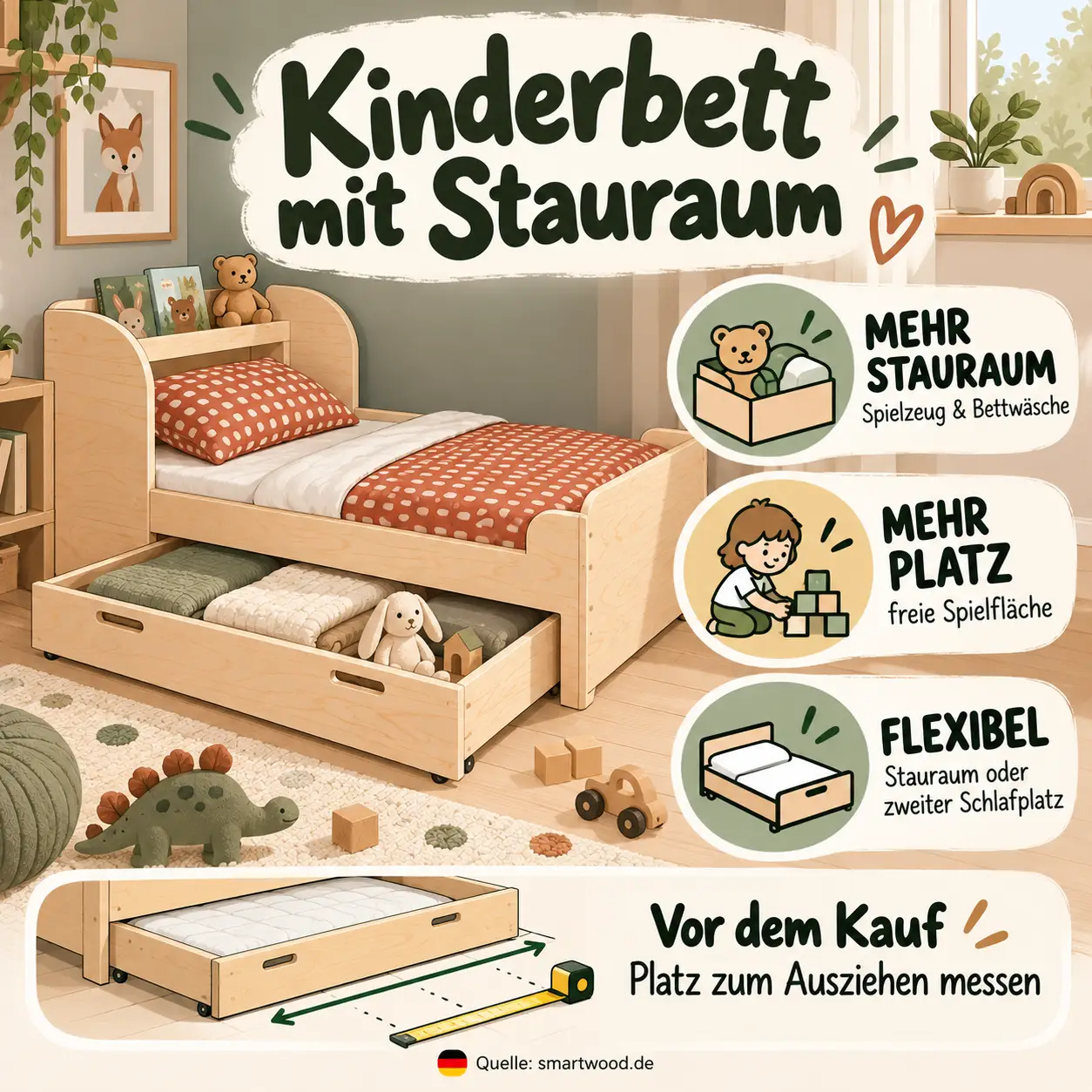 Infografik: Kinderbett mit Bettschublade - mehr Stauraum für Spielzeug und Bettwäsche, freie Spielfläche und ein zweiter Schlafplatz.