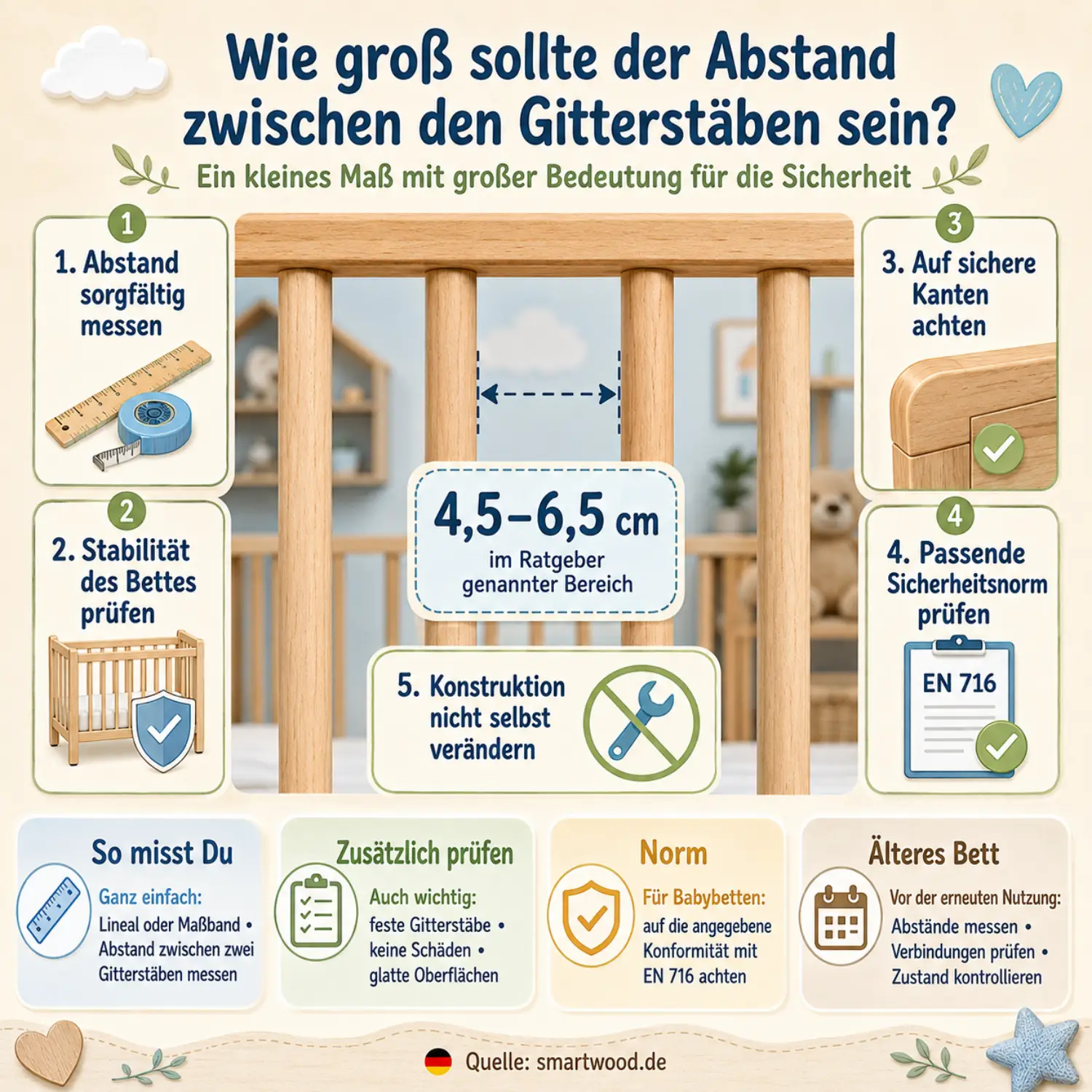 Infografik: Abstand zwischen den Gitterstäben - sorgfältig messen, Stabilität prüfen, sichere Kanten und Norm EN 716.