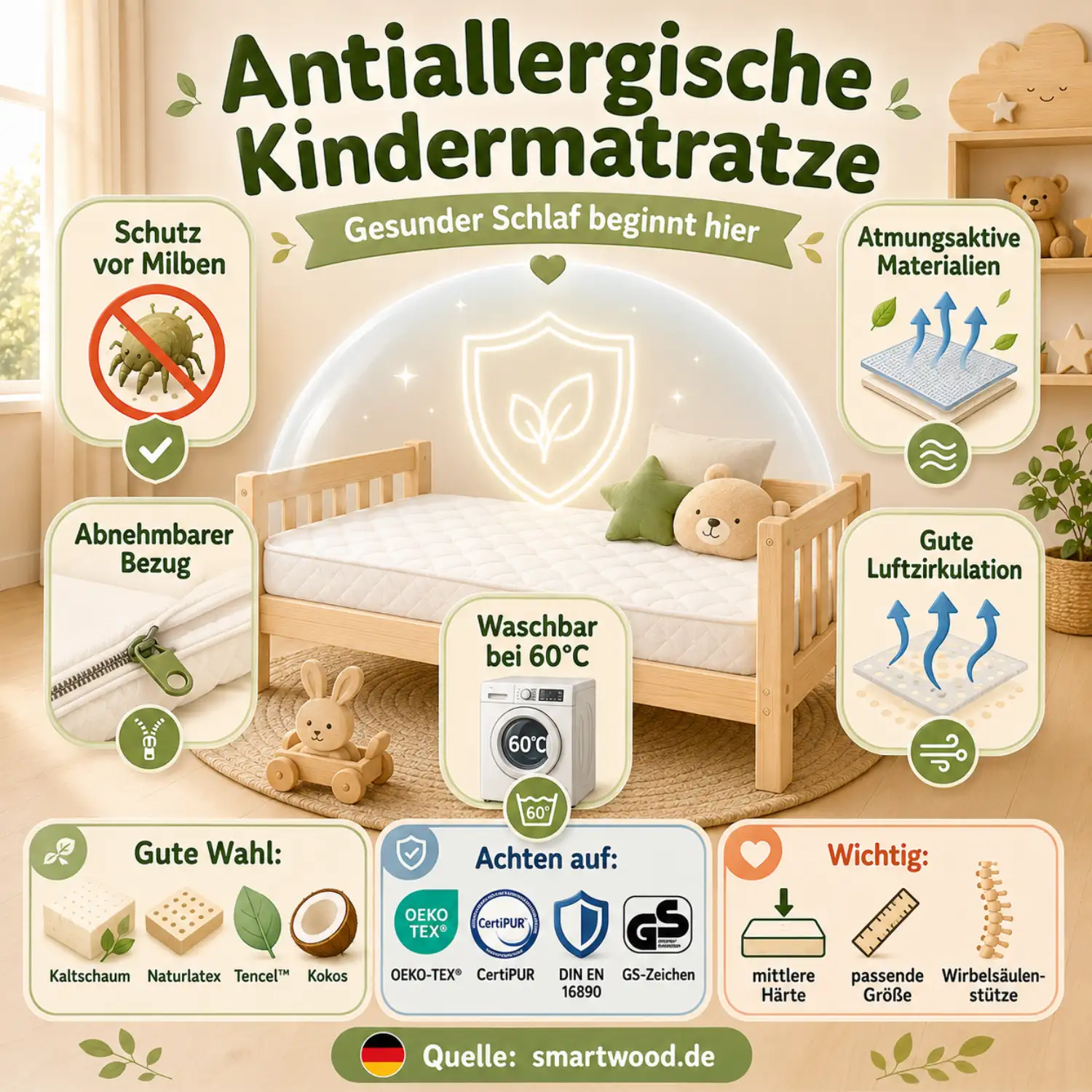 Infografik: antiallergische Kindermatratze - Schutz vor Milben, atmungsaktive Materialien, abnehmbarer Bezug und gute Luftzirkulation.
