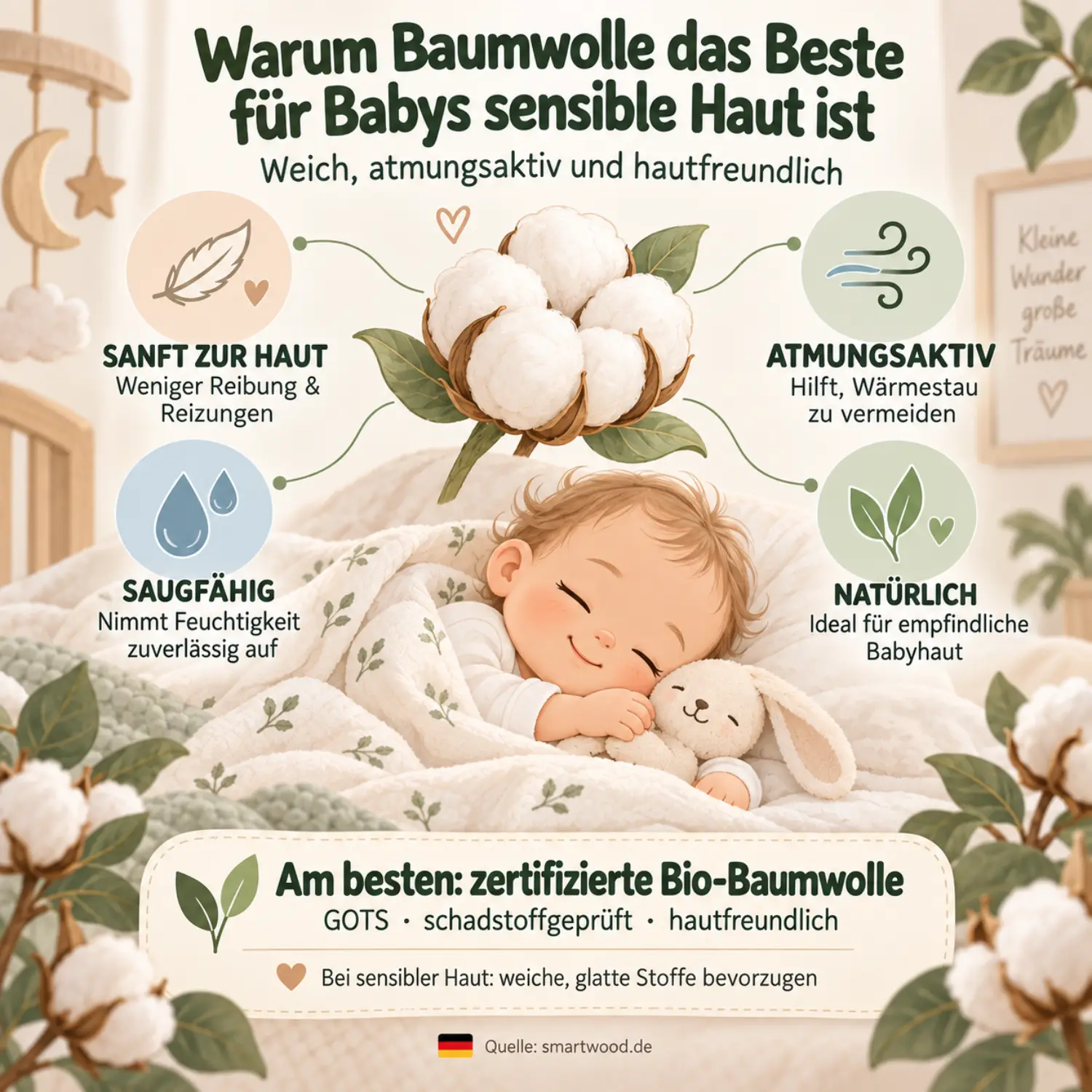 Infografik: Baumwolle für Babys sensible Haut — sanft, atmungsaktiv, saugfähig und natürlich, mit Hinweis auf zertifizierte Bio-Baumwolle.