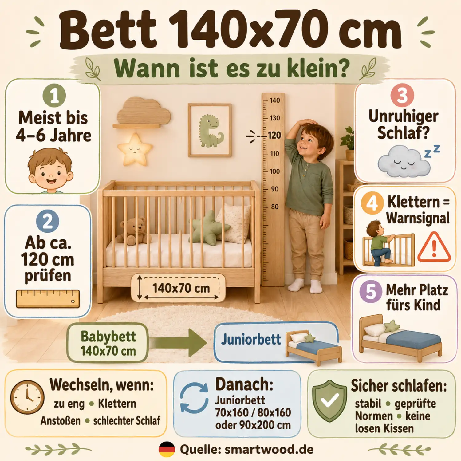 Infografik: Bett 140x70 cm — wann es zu klein wird und wann der Wechsel zum Juniorbett ansteht.