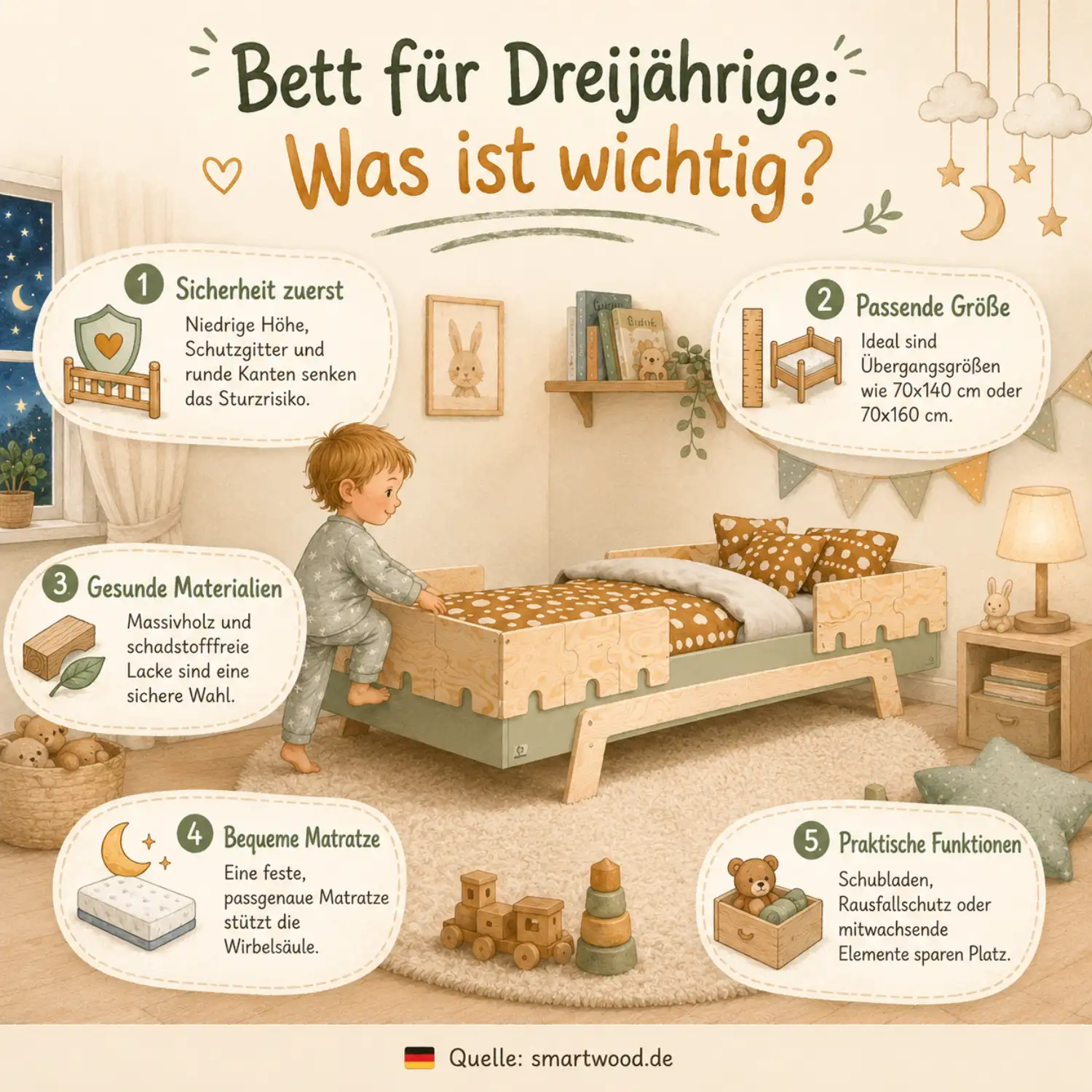 Einzelbett für Kinder mit Rausfallschutz und Lattenrost PUZZLE BR2 Montessori Holz