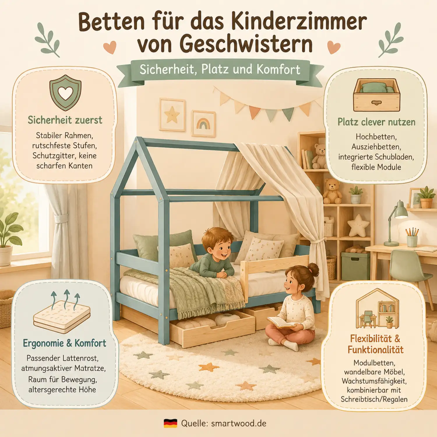 Infografik: Betten für das Kinderzimmer von Geschwistern — Sicherheit, clevere Platznutzung, Ergonomie und flexible Funktionalität.