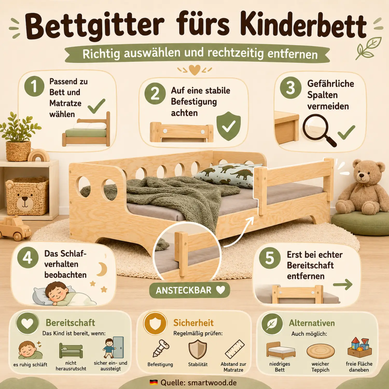 Infografik: Bettgitter fürs Kinderbett — passend zu Bett und Matratze, stabile Befestigung, keine Spalten, Schlafverhalten beobachten und rechtzeitig entfernen.