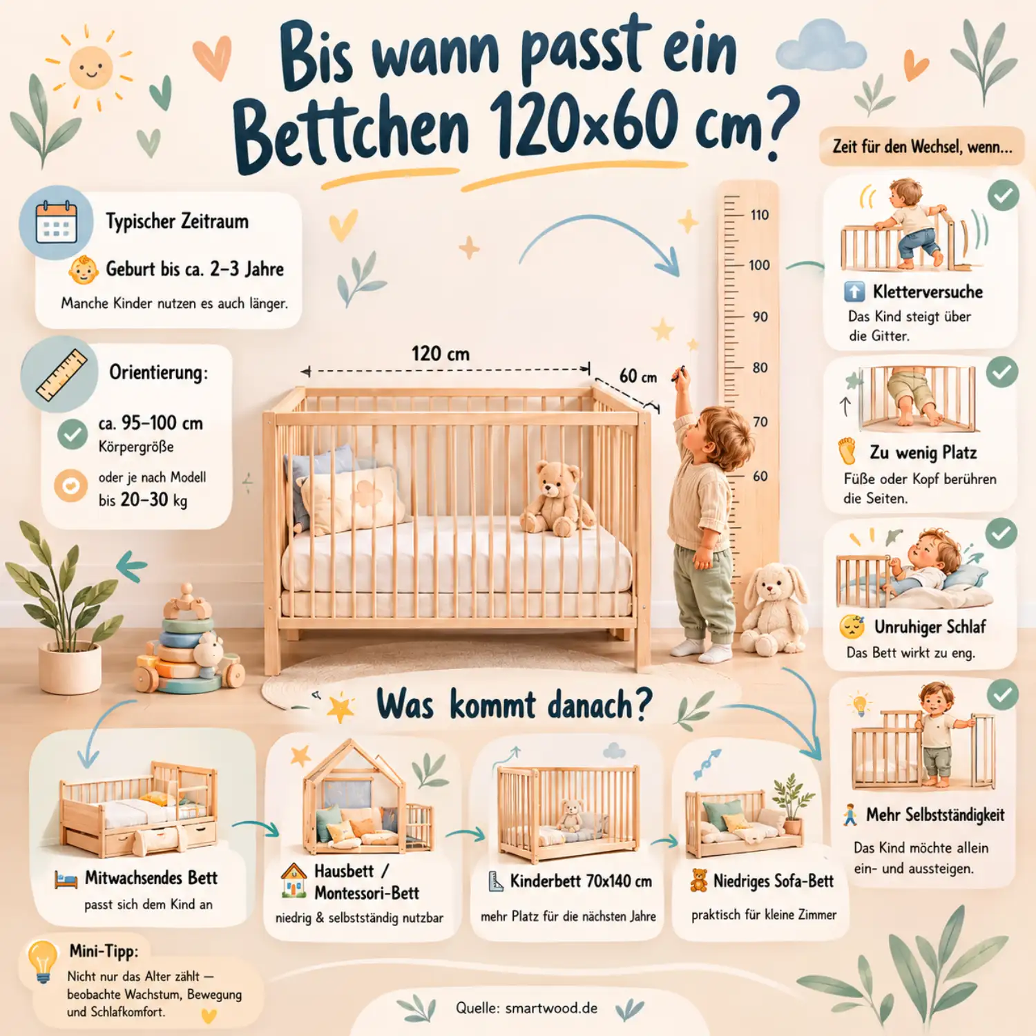 Smartwood-Infografik — bis wann passt ein Bettchen 120x60 cm: typischer Zeitraum, Zeichen für den Wechsel und passende größere Betten.