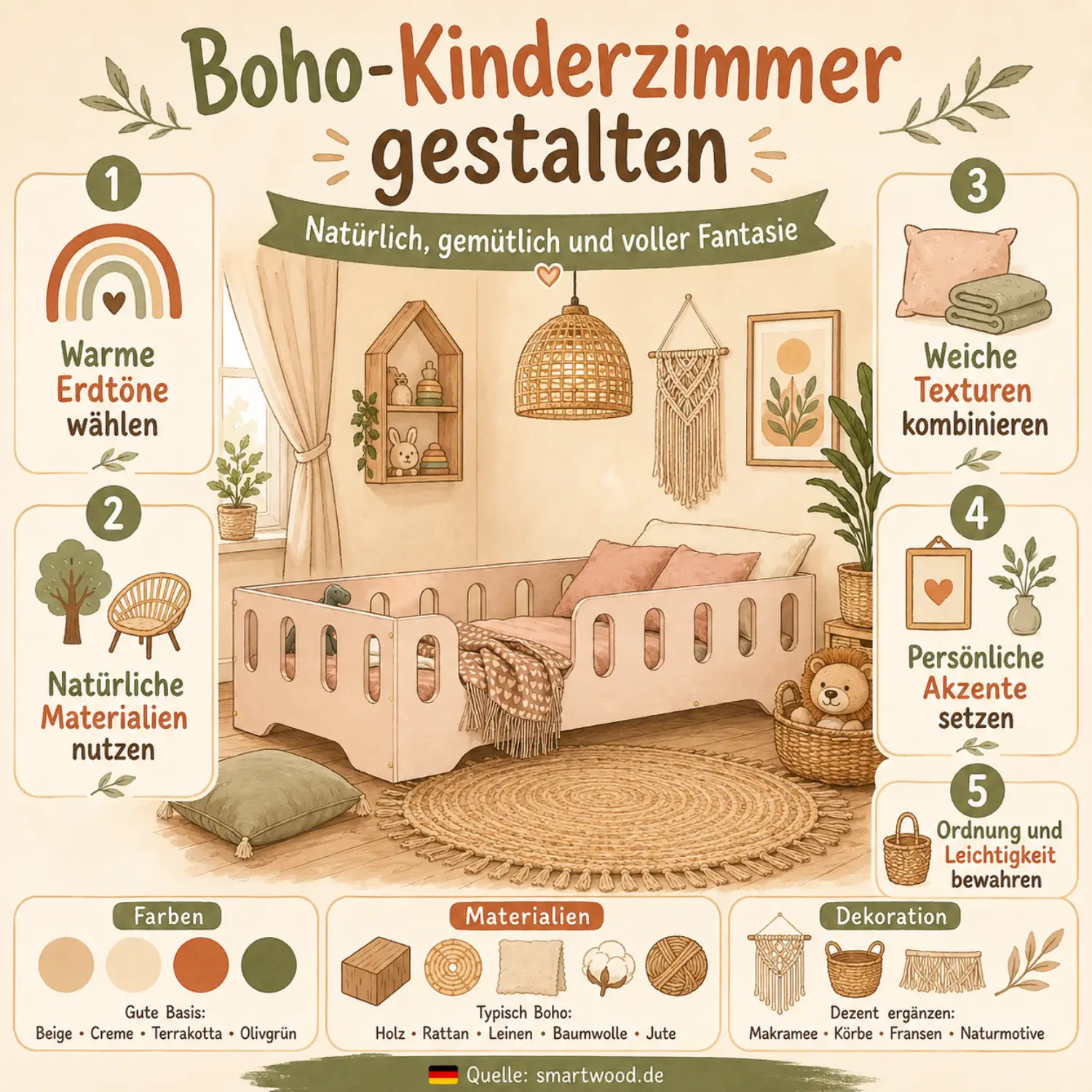 Infografik: Boho-Kinderzimmer gestalten - warme Erdtöne, natürliche Materialien, weiche Texturen, persönliche Akzente und Ordnung.