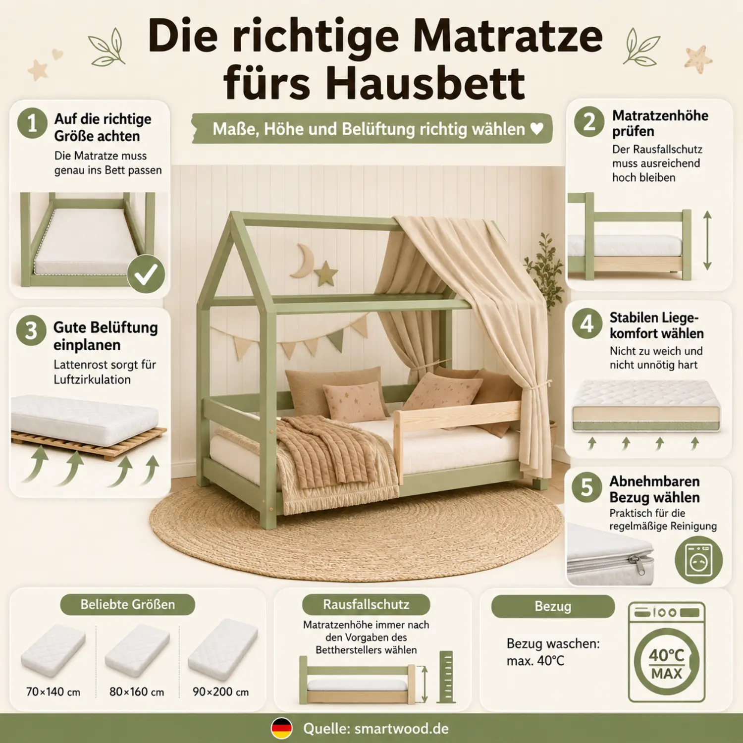 Infografik: die richtige Matratze fürs Hausbett - passende Größe, Matratzenhöhe, gute Belüftung und abnehmbarer Bezug.