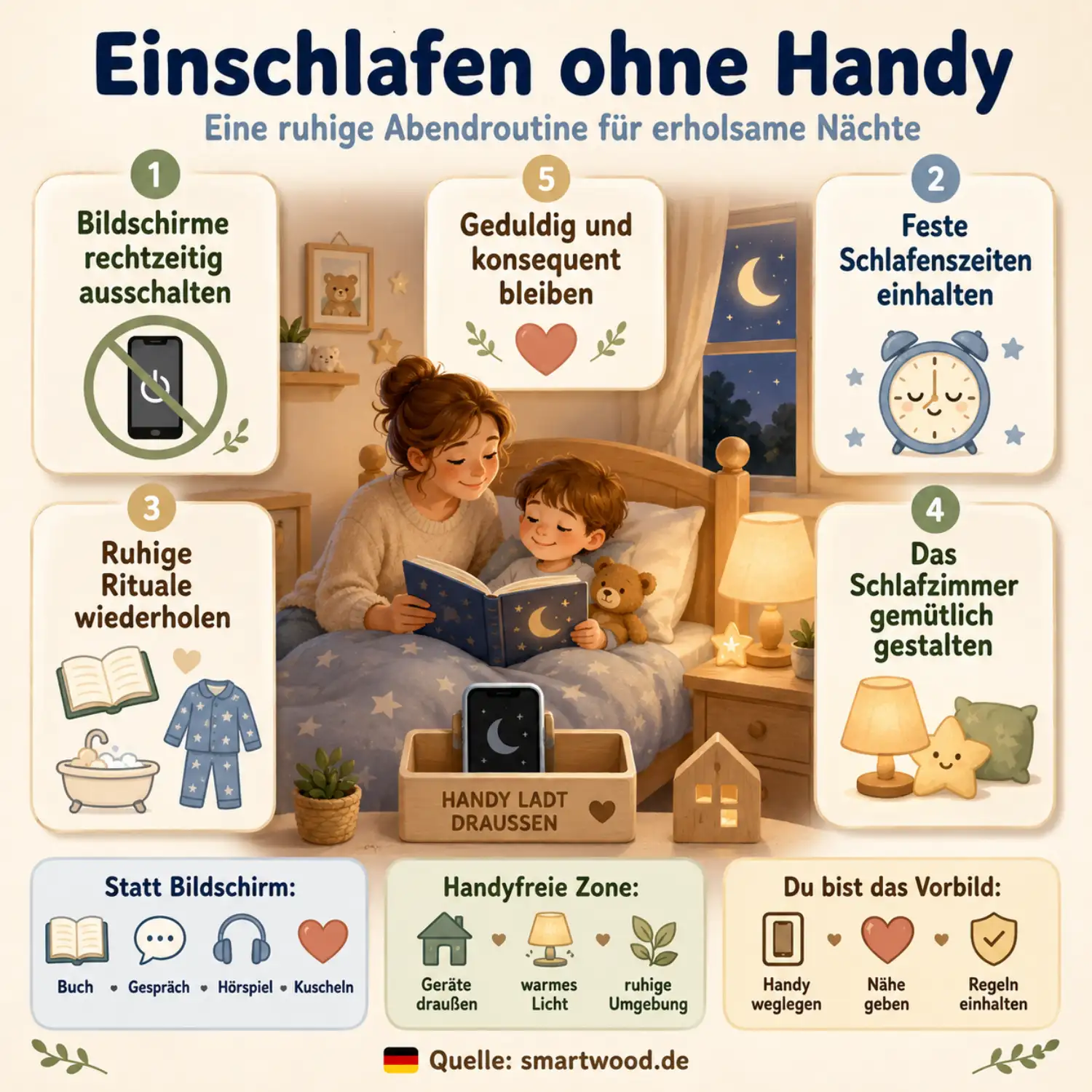 Infografik: Einschlafen ohne Handy - Bildschirme ausschalten, feste Schlafenszeiten, ruhige Rituale, gemütliches Schlafzimmer und Geduld.