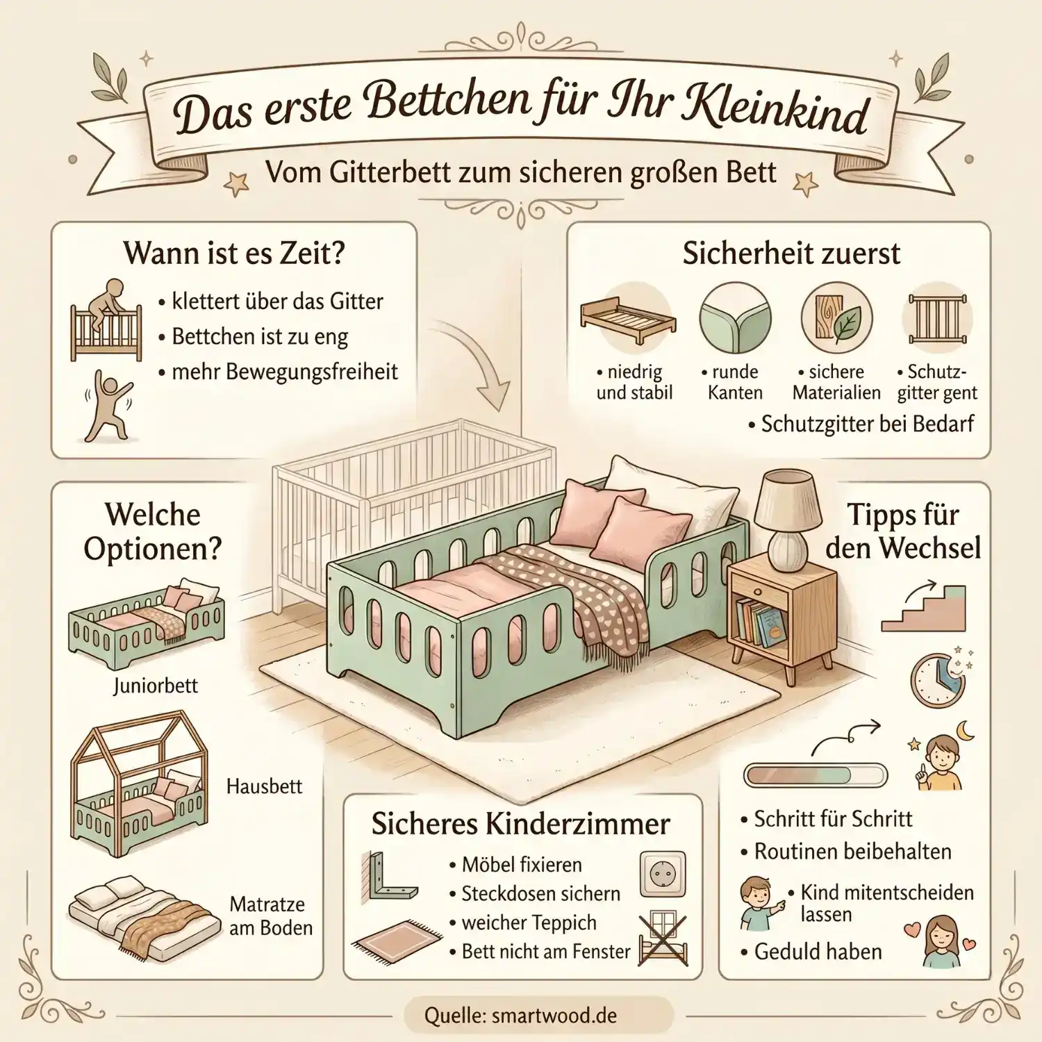 Infografik über das erste Bett für ein Kleinkind – Wechsel vom Gitterbett zum sicheren großen Bett, Optionen wie Juniorbett und Hausbett, Sicherheit im Kinderzimmer