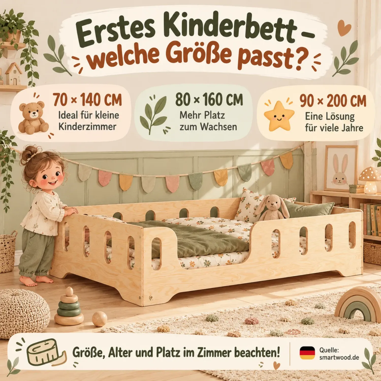 Infografik: erstes Kinderbett - 70×140 cm für kleine Kinderzimmer, 80×160 cm mit mehr Platz zum Wachsen und 90×200 cm für viele Jahre