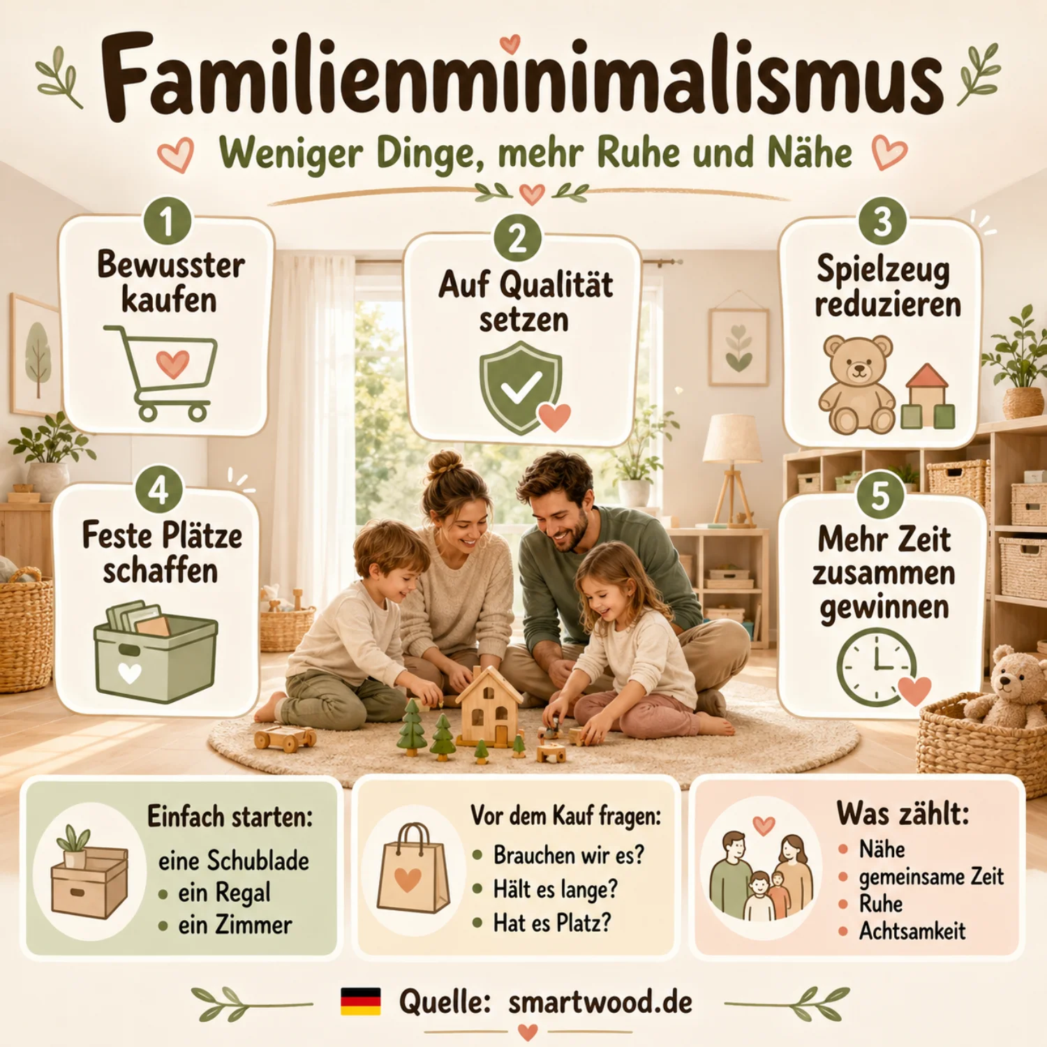 Infografik: Familienminimalismus - bewusster kaufen, auf Qualität setzen, Spielzeug reduzieren und mehr Zeit zusammen gewinnen.
