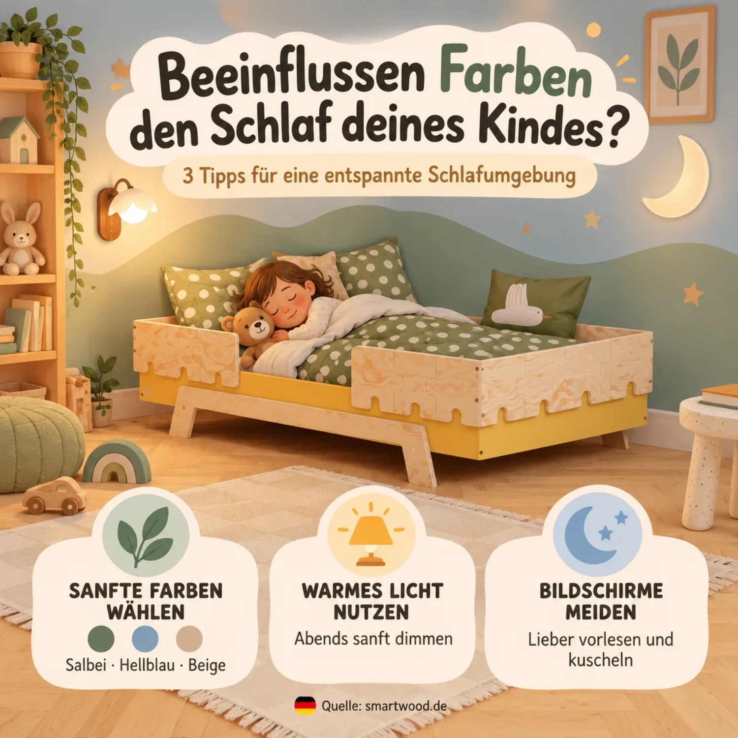Infografik: beeinflussen Farben den Schlaf deines Kindes - sanfte Farben wie Salbei, Hellblau und Beige, warmes gedimmtes Licht, vorlesen statt Bildschirm.