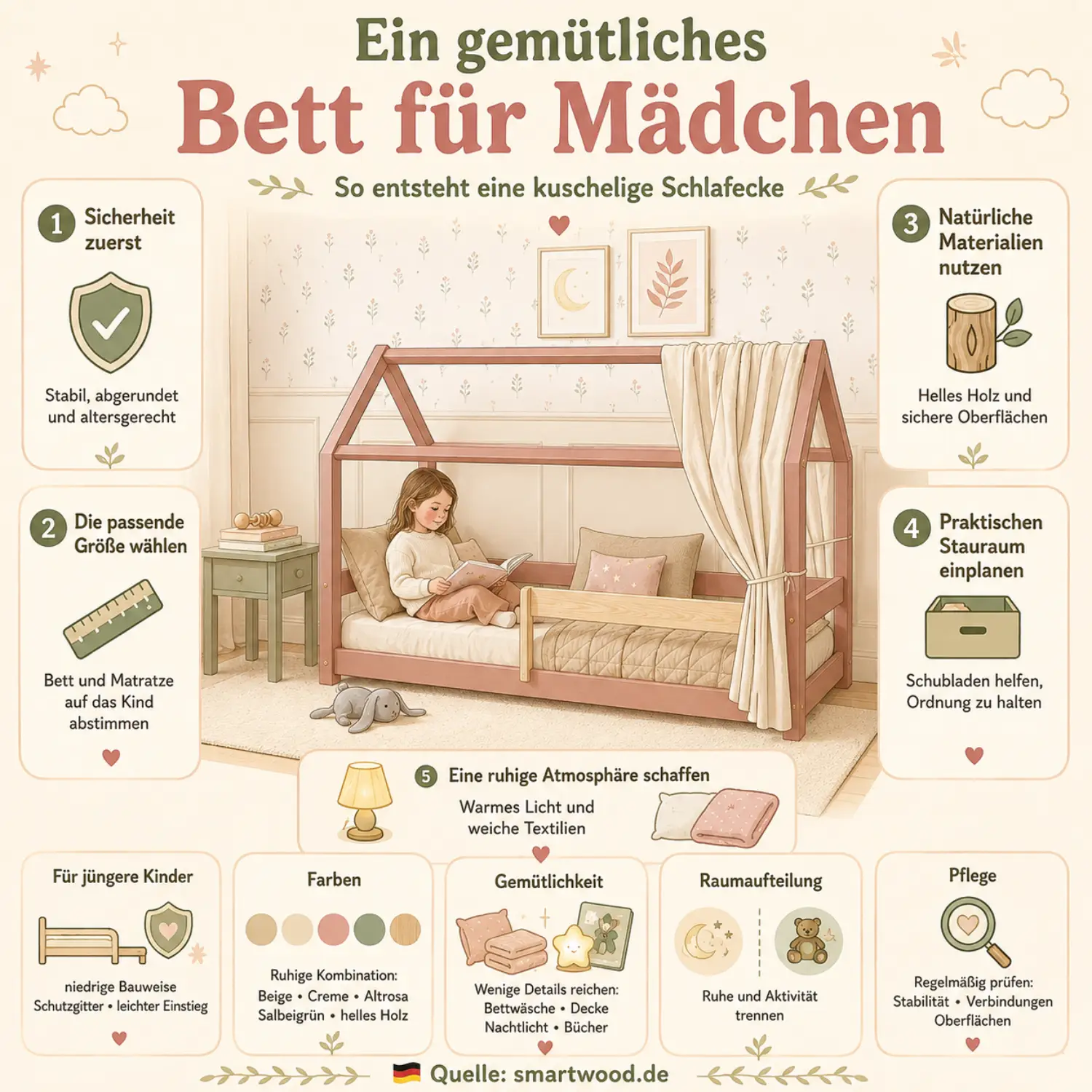 Infografik: gemütliches Bett für Mädchen - Sicherheit, passende Größe, natürliche Materialien und praktischer Stauraum.