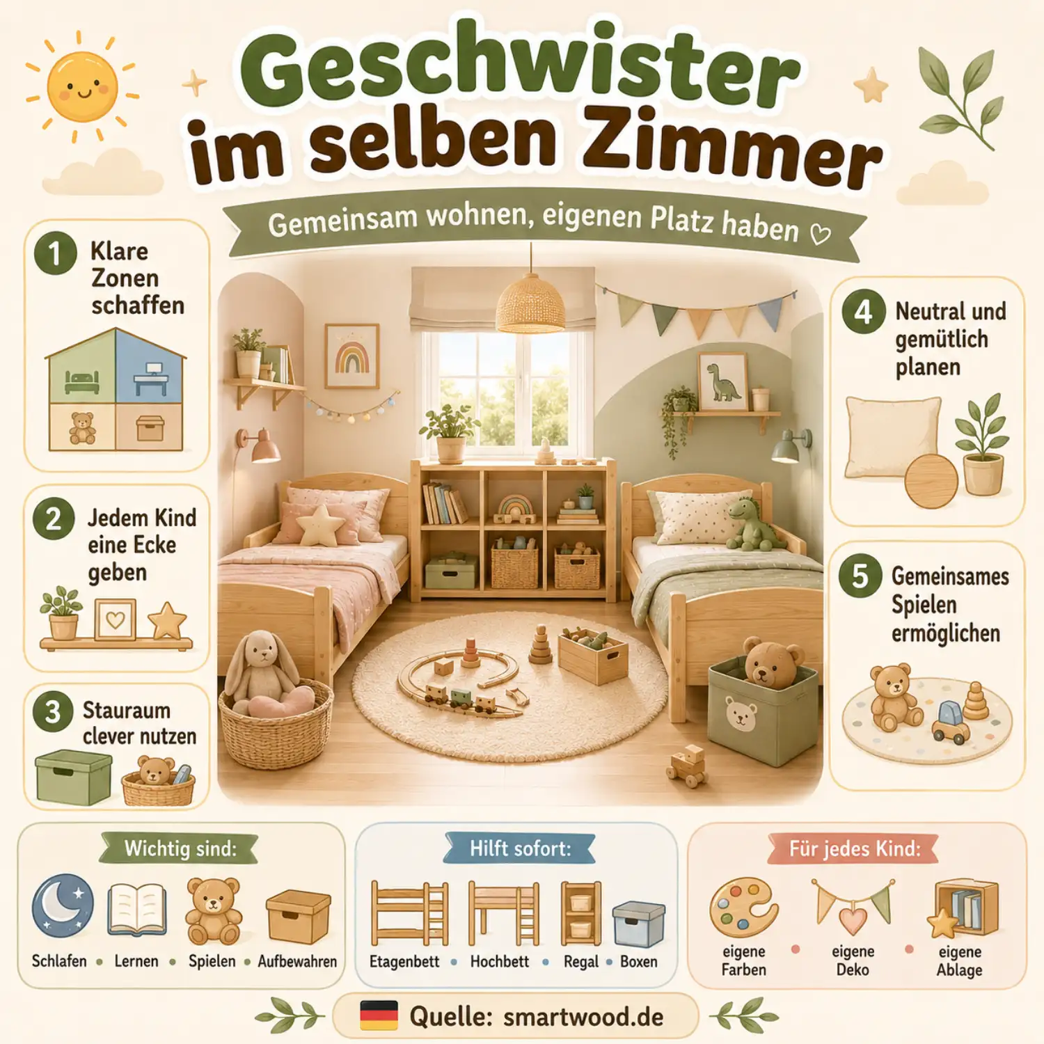 Infografik: Geschwister im selben Zimmer - klare Zonen, eigene Ecke für jedes Kind, clevere Stauraumlösungen und gemeinsames Spielen.