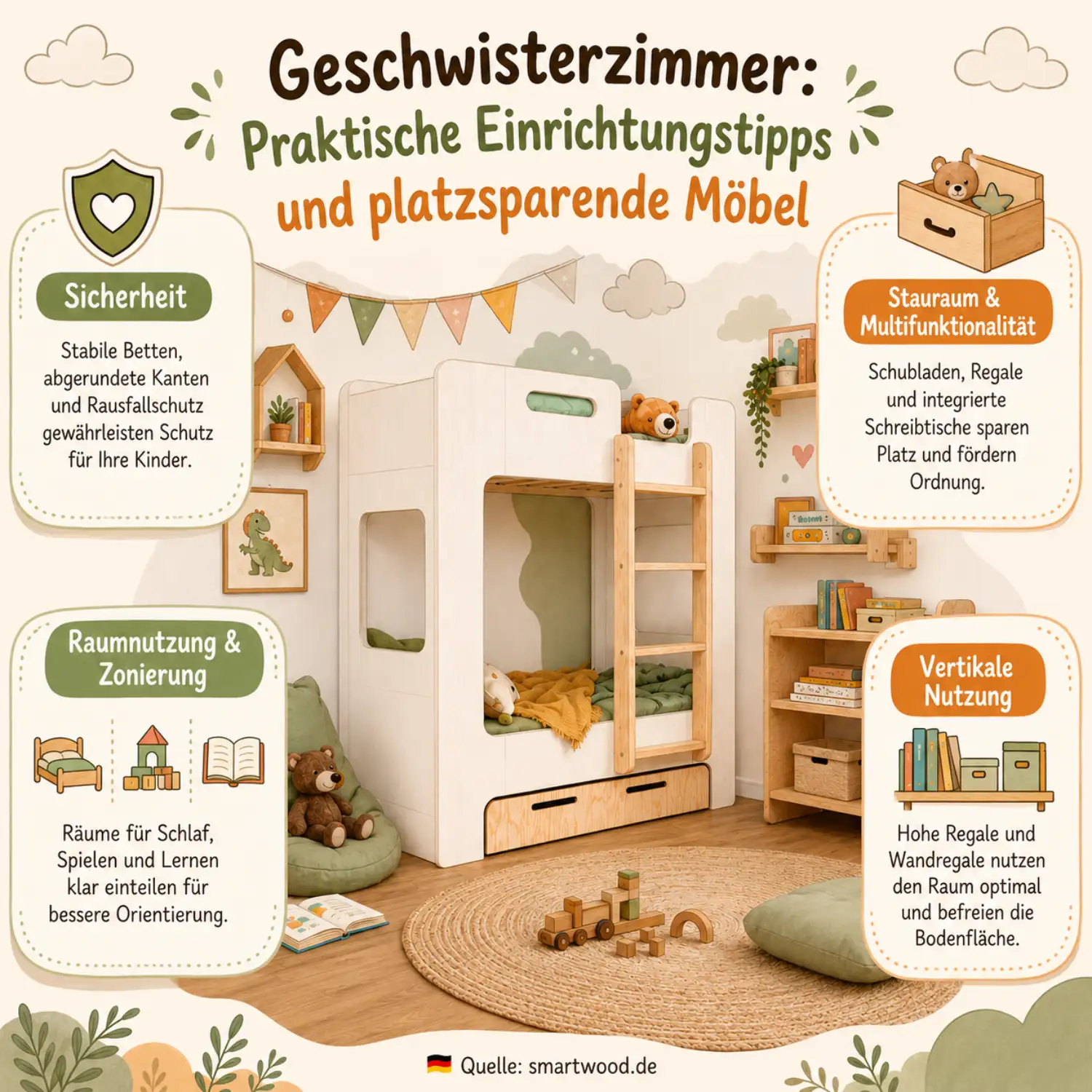 Infografik: praktische Tipps für ein Geschwisterzimmer - platzsparende Möbel, klare Zonen und sichere Hochbetten. smartwood.de