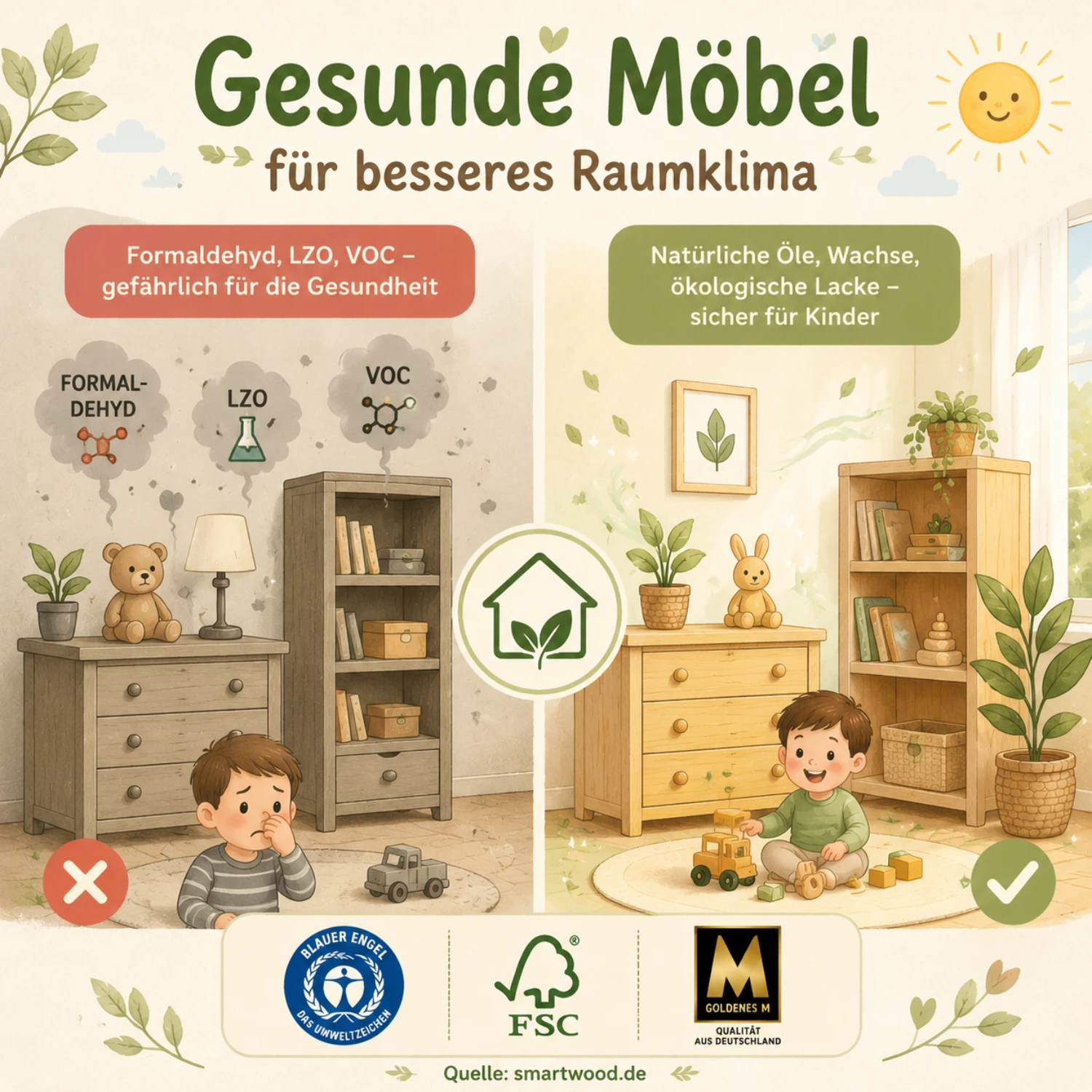 Smartwood-Infografik - gesunde Möbel für besseres Raumklima: Formaldehyd und VOC vs. natürliche Öle, Wachse und ökologische Lacke z certyfikatami Blauer Engel, FSC i Goldenes M.