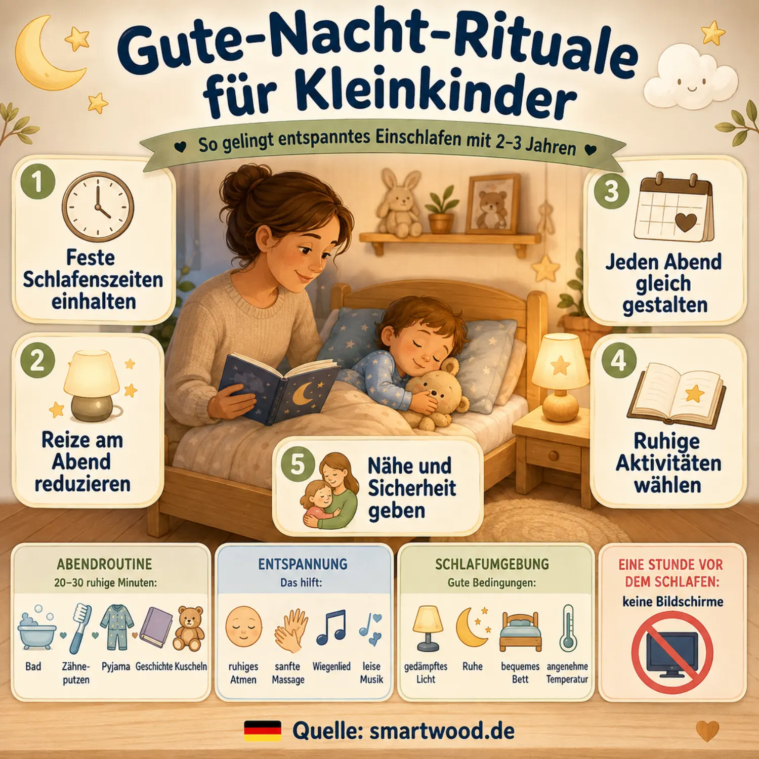 Infografik: Gute-Nacht-Rituale für Kleinkinder - feste Schlafenszeiten, weniger Reize, gleicher Ablauf, ruhige Aktivitäten und Nähe.