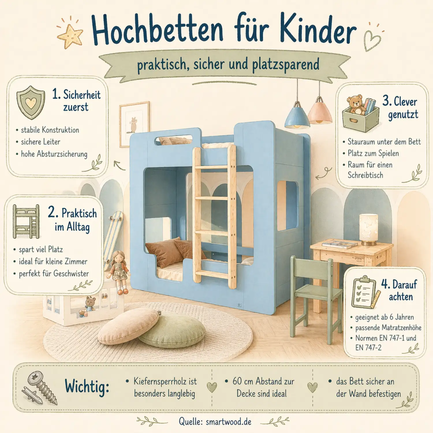 Smartwood-Infografik über Hochbetten für Kinder - praktisch, sicher und platzsparend: stabile Konstruktion, sichere Leiter, hohe Absturzsicherung, Stauraum unter dem Bett sowie wichtige Hinweise zu Normen EN 747-1 und EN 747-2 und einem Mindestabstand von 60 cm zur Decke.