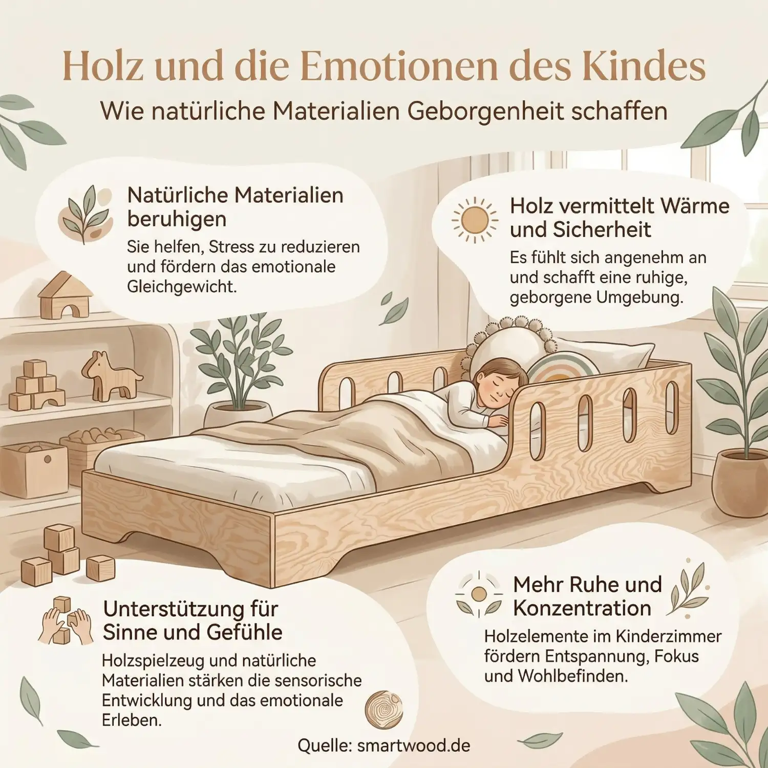 Infografik über Holz und die Emotionen des Kindes – wie natürliche Materialien Geborgenheit, Ruhe und sensorische Entwicklung im Kinderzimmer fördern