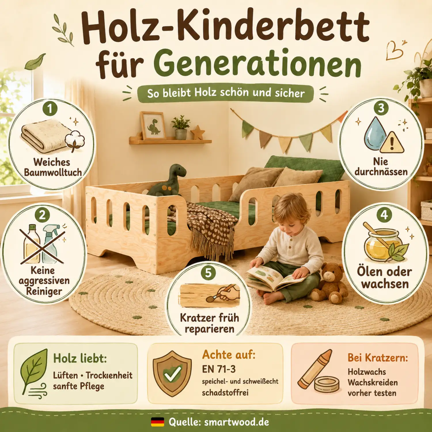 Infografik: Holz-Kinderbett für Generationen - weiches Baumwolltuch, keine aggressiven Reiniger, ölen oder wachsen und Kratzer früh reparieren.