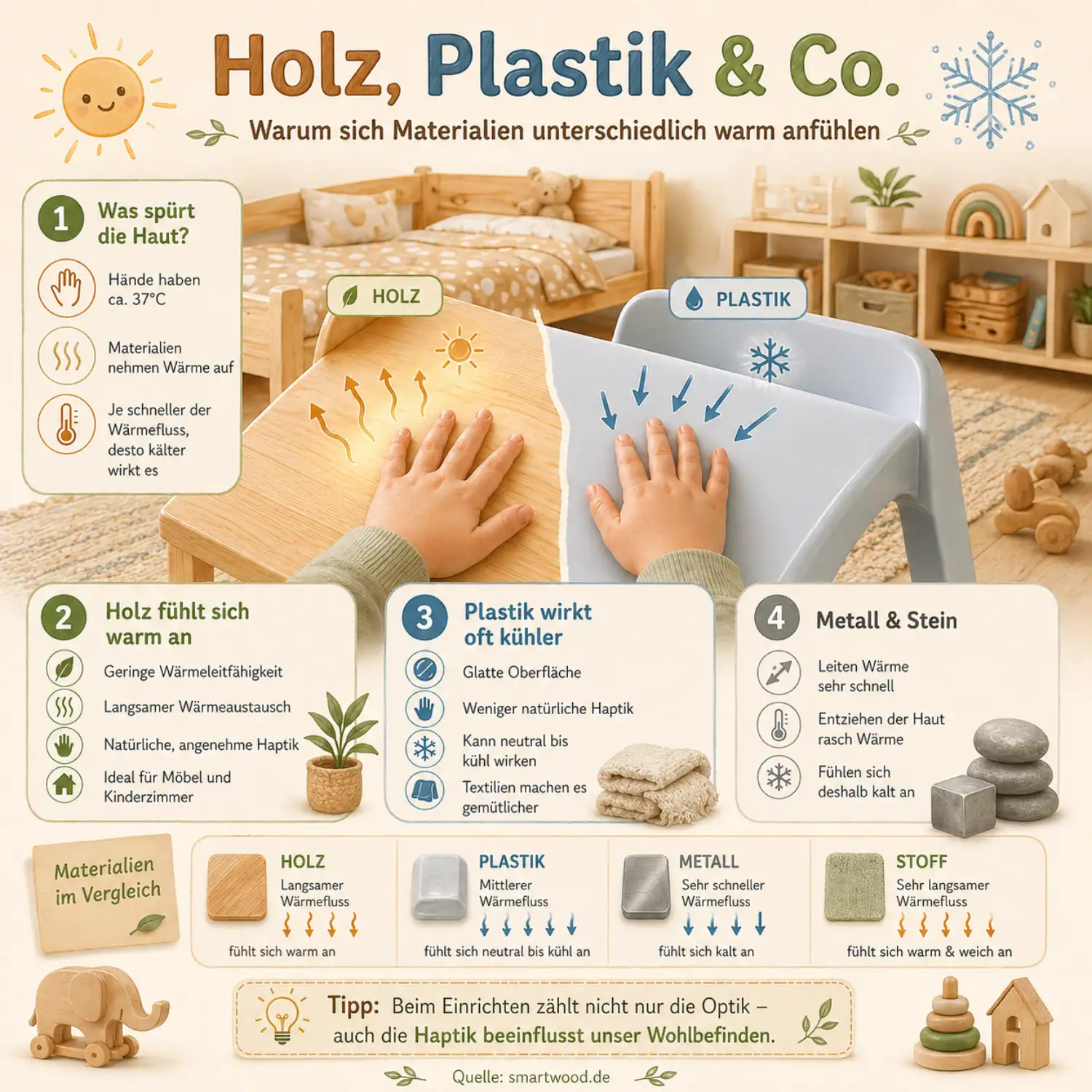Smartwood-Infografik - Holz, Plastik & Co.: warum sich Materialien unterschiedlich warm anfühlen und wie die Wärmeleitfähigkeit unsere Haptik beeinflusst.