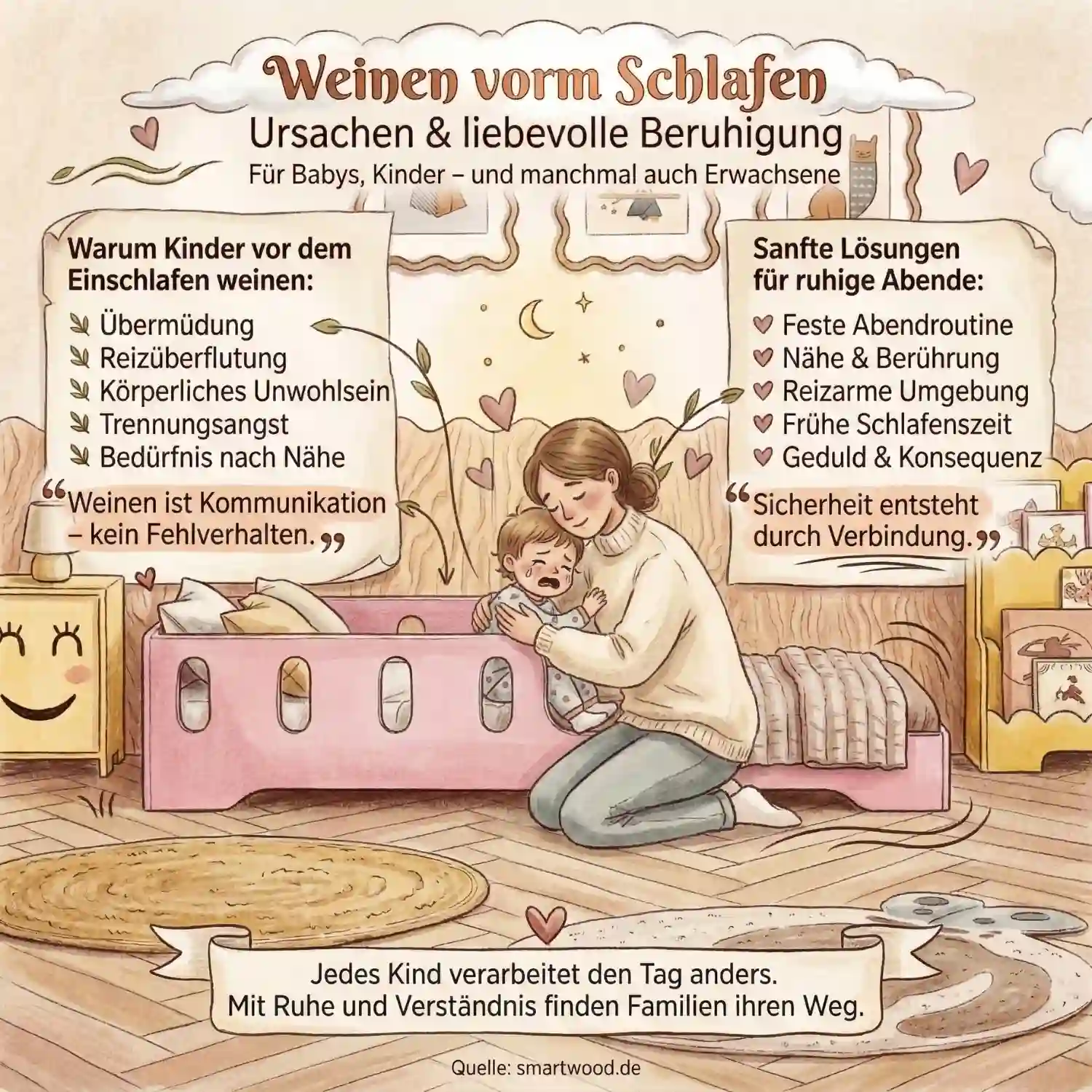 Weinen vorm Schlafen: Ursachen & Beruhigung – Tipps für Babys, Kinder & Erwachsene