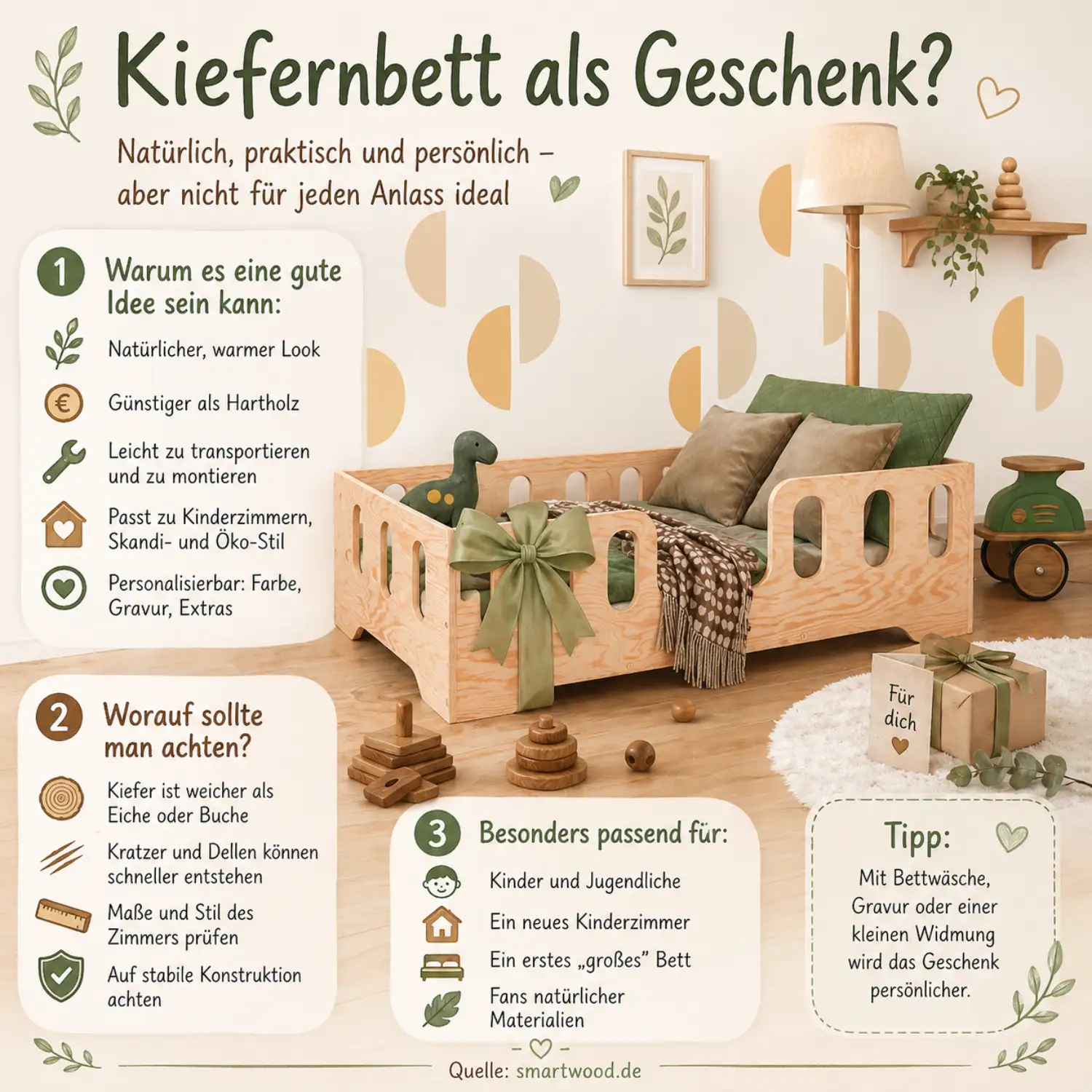 Smartwood-Infografik - Kiefernbett als Geschenk: Vorteile, passende Anlässe und worauf man beim Kauf achten sollte.
