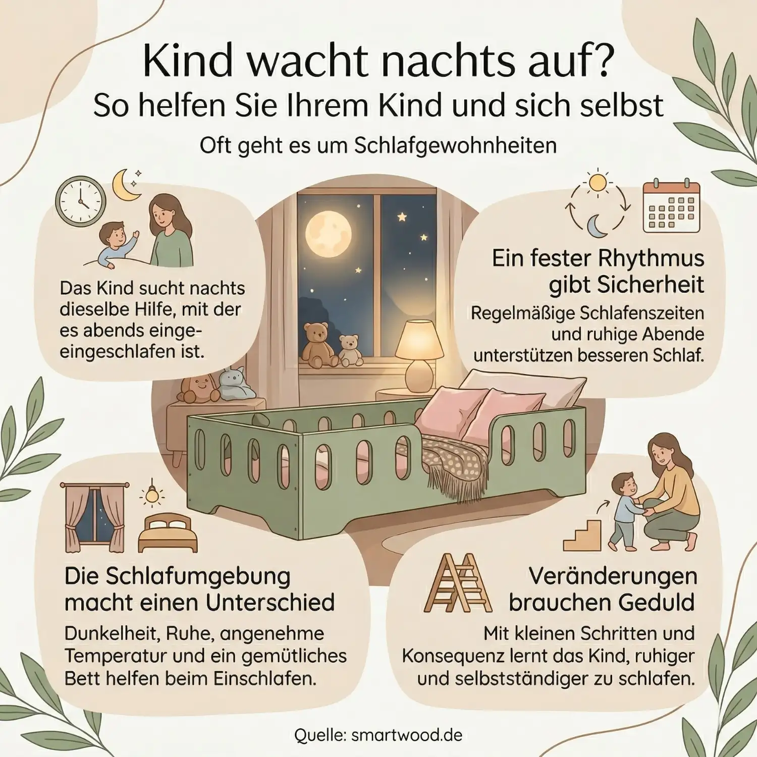 Infografik über nächtliches Aufwachen bei Kindern – Schlafgewohnheiten, fester Rhythmus, Schlafumgebung und geduldige Veränderungen für besseren Kinderschlaf