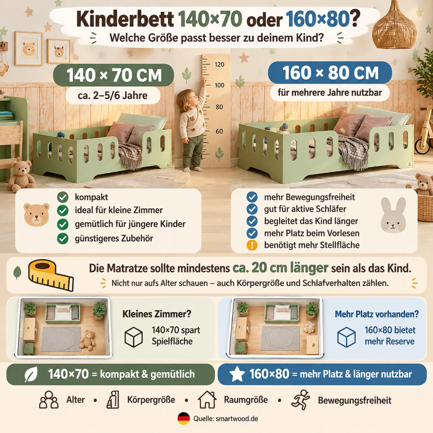 Infografik: Kinderbett 140×70 oder 160×80 - Vergleich der Größen, Matratzenlänge, Stellfläche und Bewegungsfreiheit.