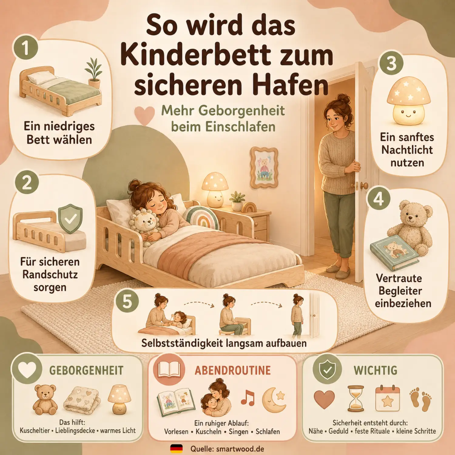 Infografik: Kinderbett als sicherer Hafen - niedriges Bett, sicherer Randschutz, sanftes Nachtlicht, vertraute Begleiter und langsame Selbstständigkeit