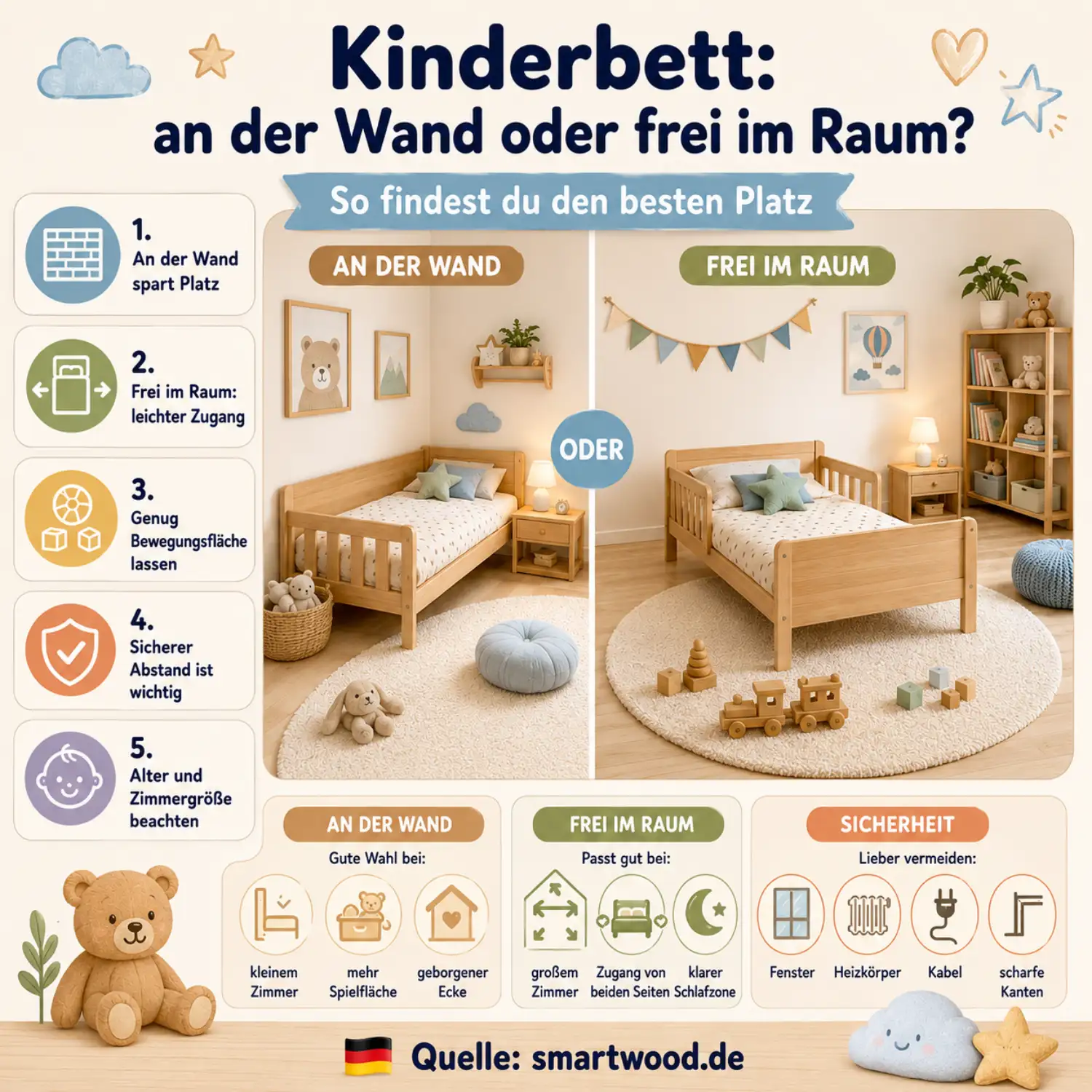 Infografik: Kinderbett an der Wand oder frei im Raum - Platz sparen, leichter Zugang, genug Bewegungsfläche und sicherer Abstand.