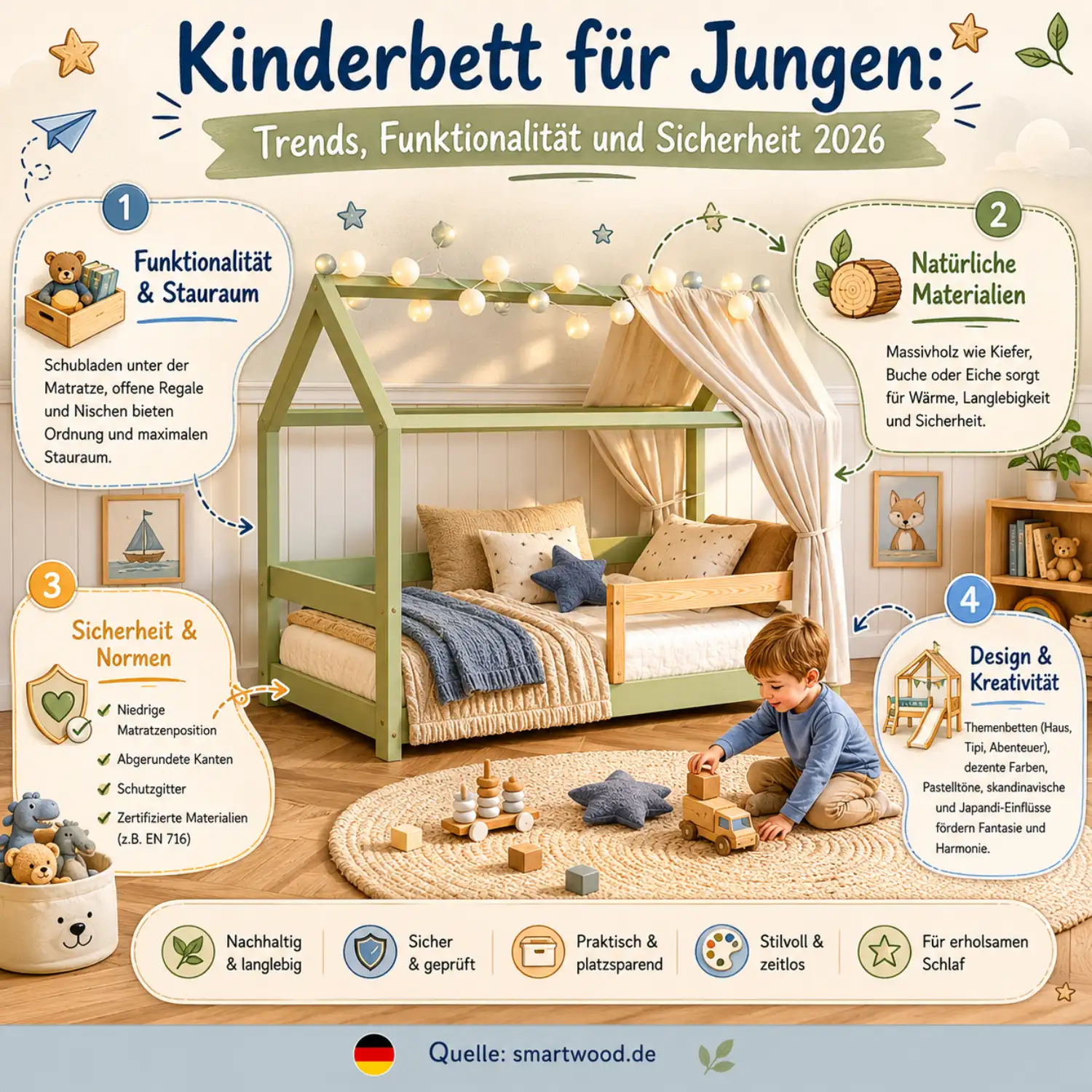 Smartwood-Infografik — Kinderbett für Jungen 2026: Funktionalität und Stauraum, natürliche Materialien, Sicherheit, Design und Kreativität.