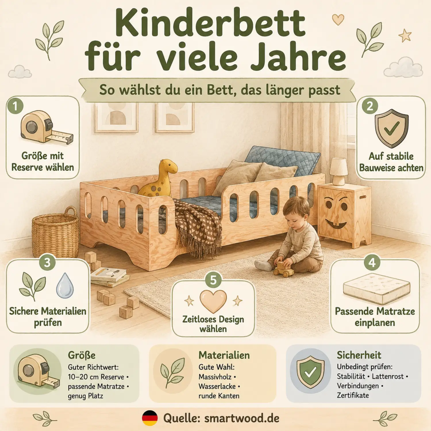 nfografik: Kinderbett für viele Jahre - Größe mit Reserve, stabile Bauweise, sichere Materialien, passende Matratze und zeitloses Design.