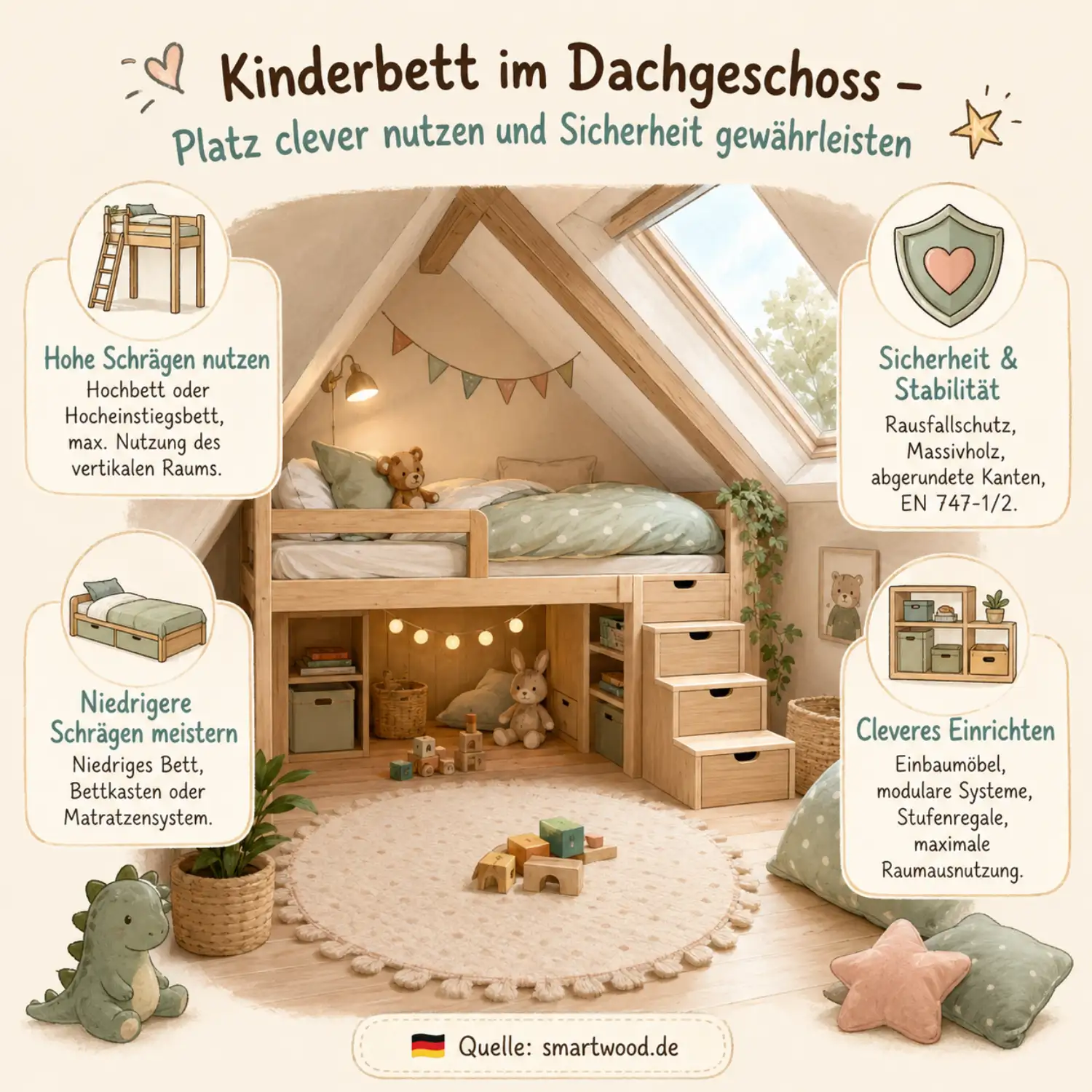 Niedriges Holz-Kinderbett TILA 7 in Senfgelb im Dachgeschoss, Junge liest ein Buch in einem gemütlichen Zimmer mit Dachschrägen.