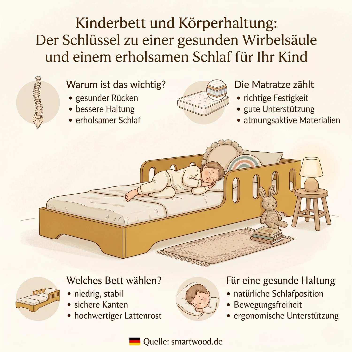Smartwood-Infografik zum Thema Kinderbett und Körperhaltung — gesunde Wirbelsäule, passende Matratze, niedriges und stabiles Bett sowie natürliche Schlafposition für erholsamen Schlaf des Kindes