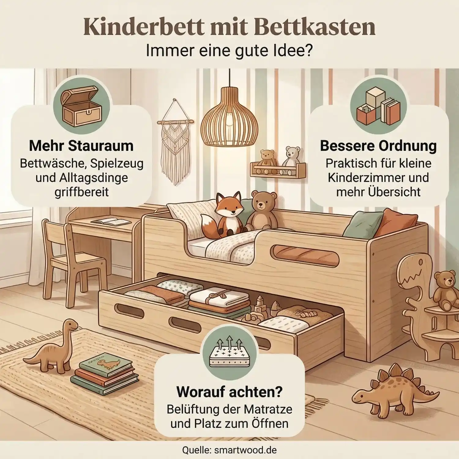 Kinderbett mit Bettkasten: Immer eine gute Idee? Erfahre die Vorteile wie mehr Stauraum und bessere Ordnung sowie worauf du beim Kauf achten solltest. Quelle: smartwood.de
