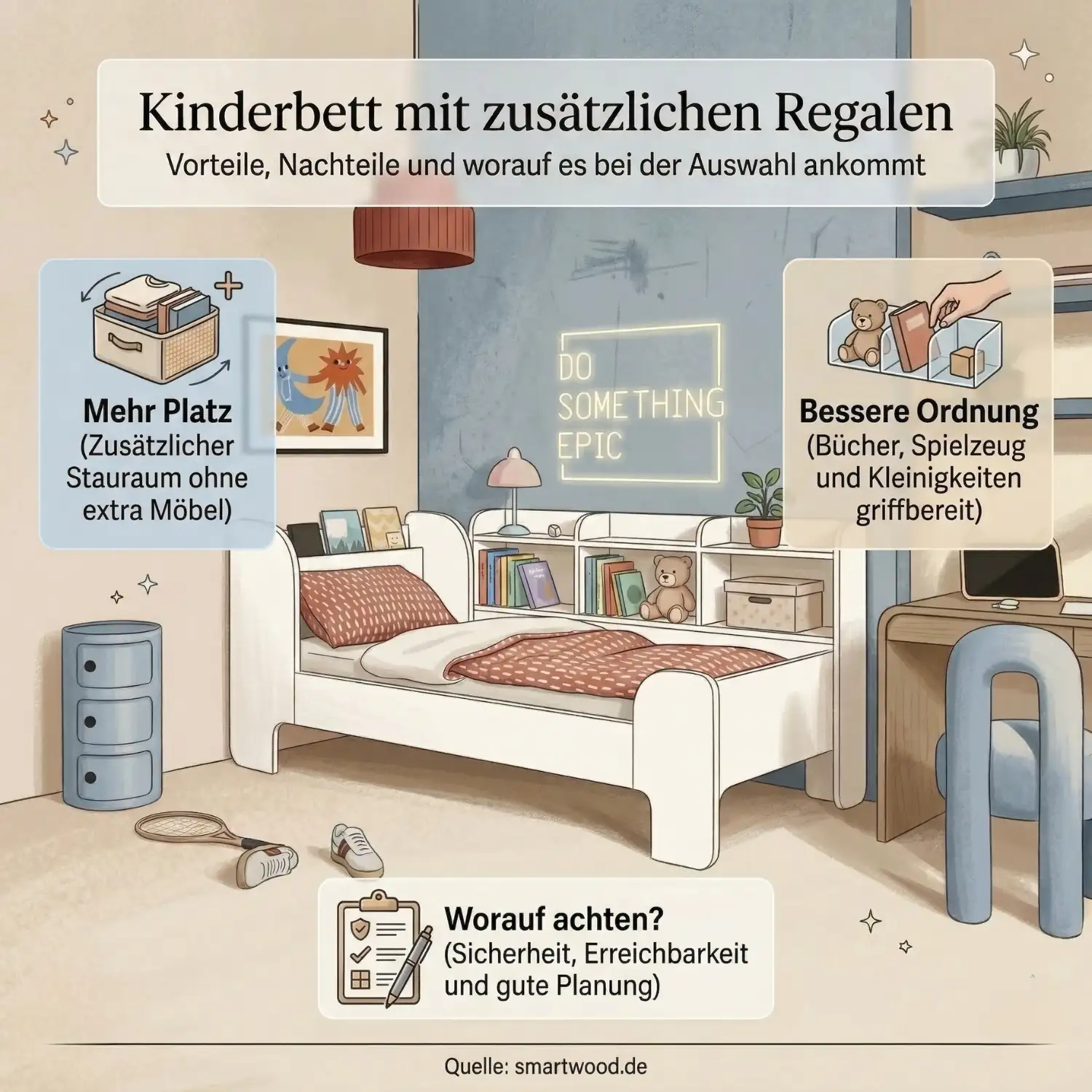 Infografik Kinderbett mit zusätzlichen Regalen – Vorteile und Nachteile, mehr Platz, bessere Ordnung und worauf man achten sollte