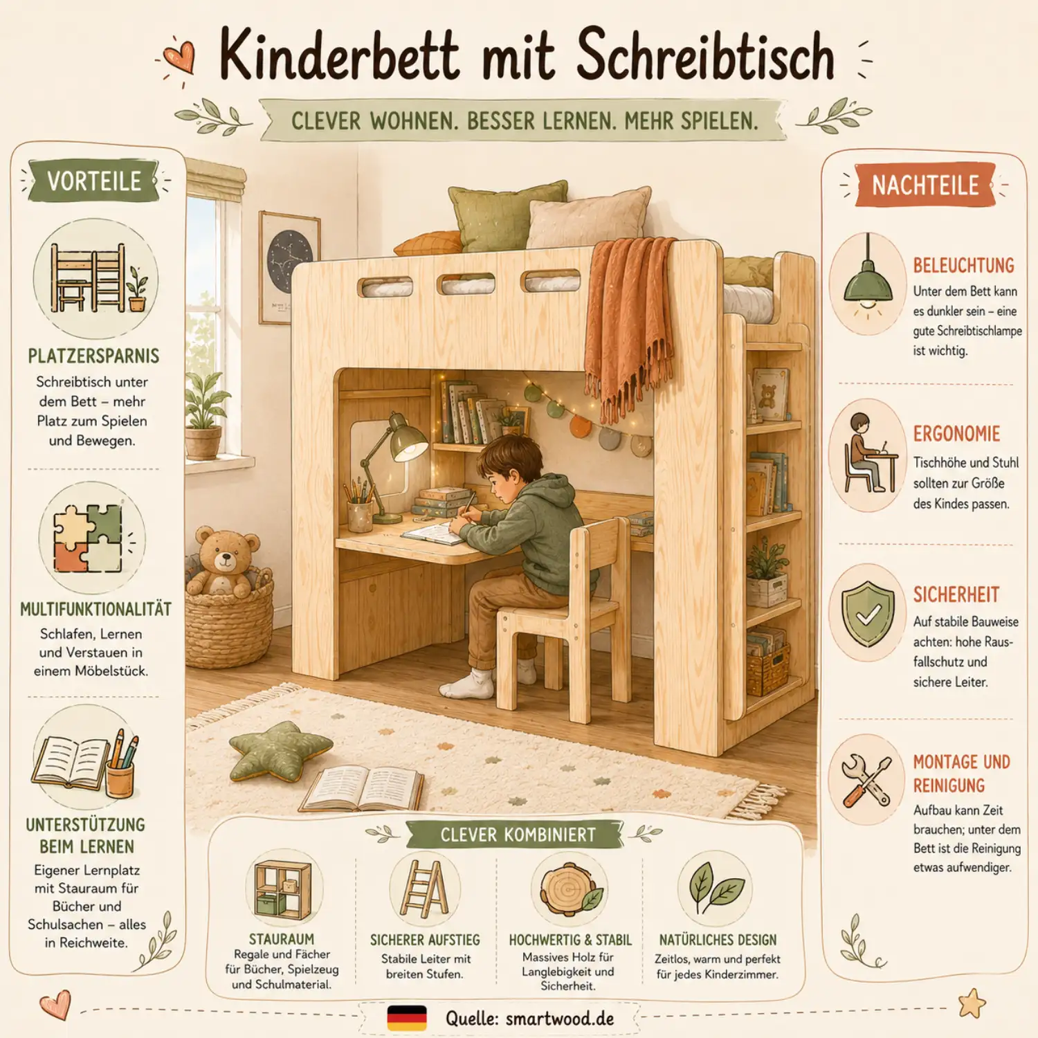 Infografik: Kinderbett mit Schreibtisch als cleverer Raum zum Leben und Lernen - Vor- und Nachteile. smartwood.de