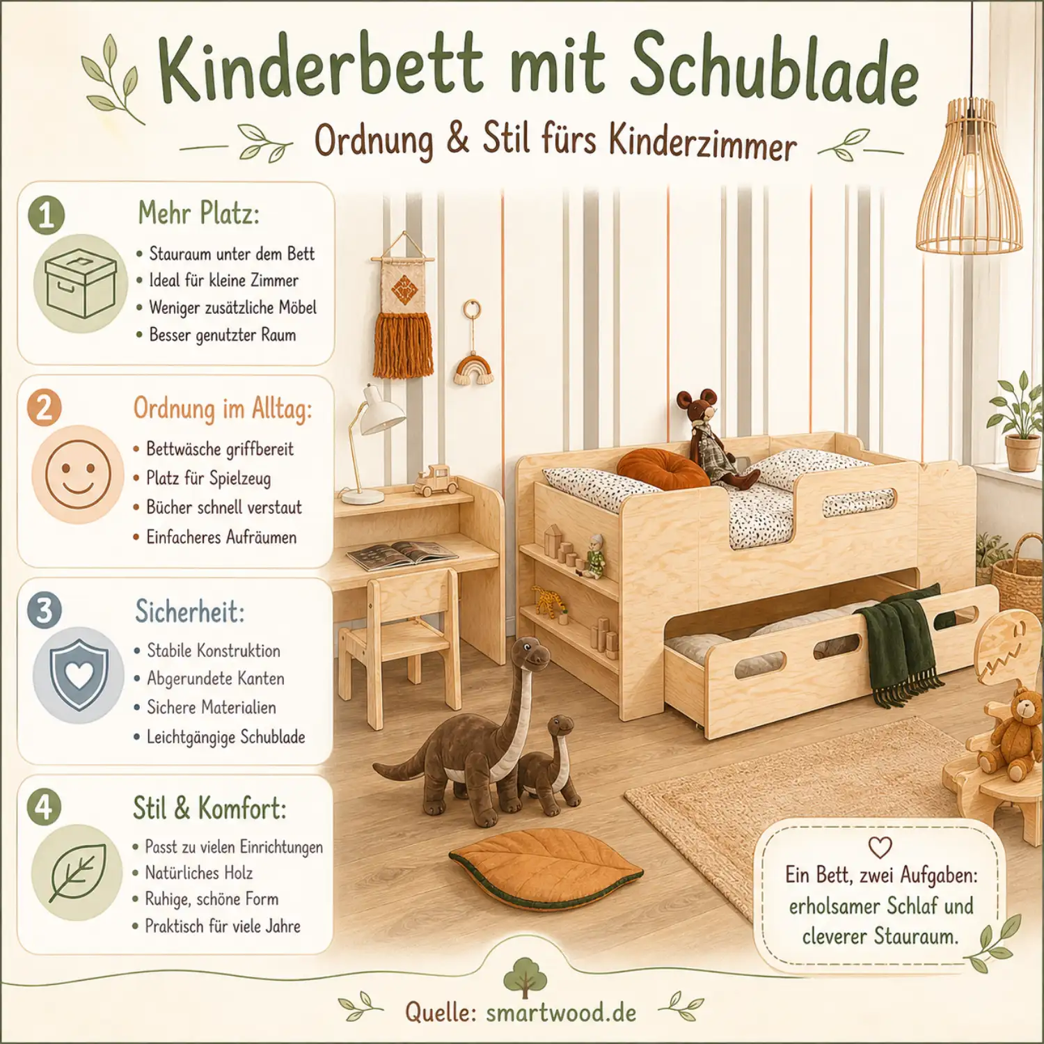 Smartwood-Infografik - Kinderbett mit Schublade: mehr Stauraum, Ordnung im Alltag, Sicherheit und Stil fürs Kinderzimmer.
