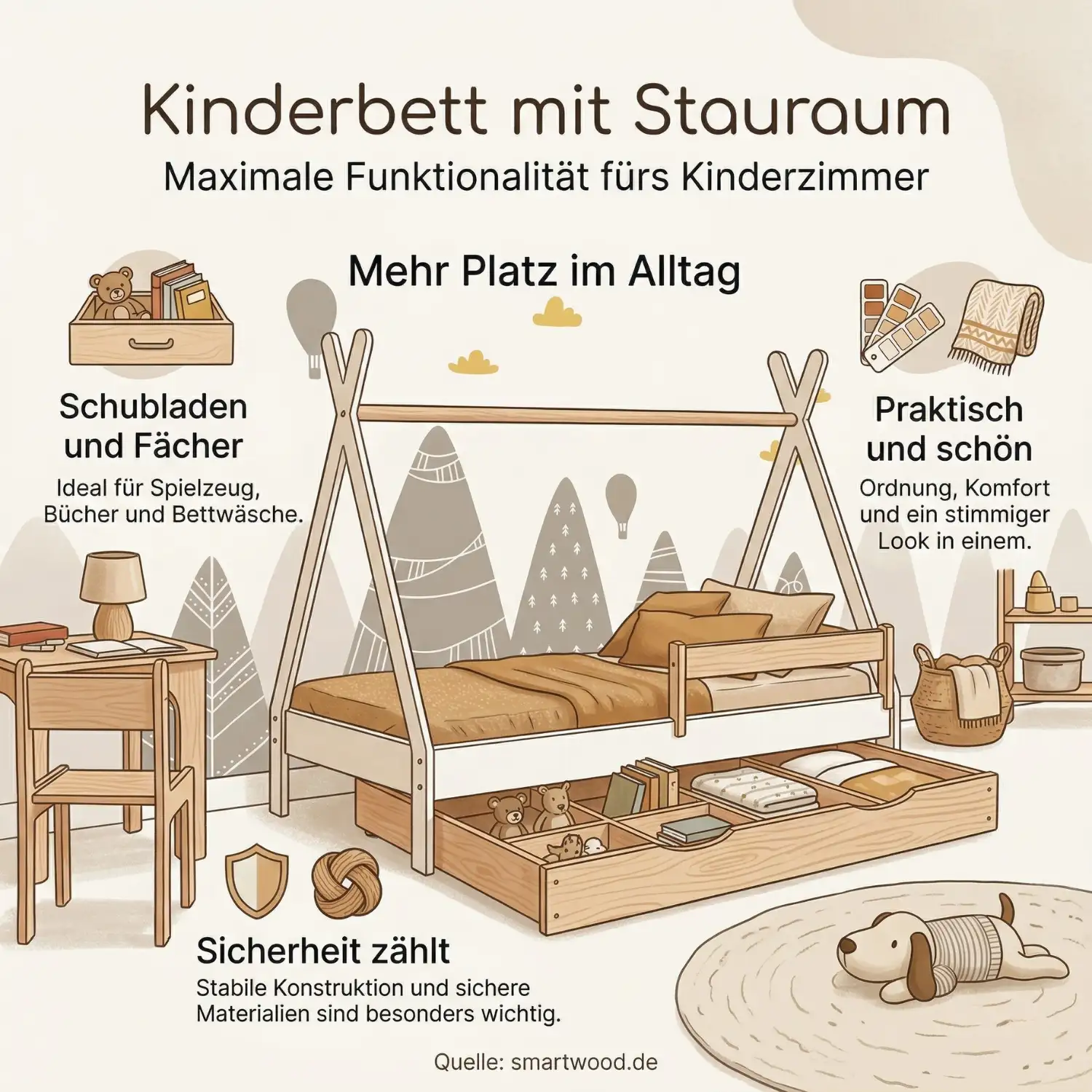 Infografik über Kinderbett mit Stauraum - Schubladen und Fächer für Spielzeug, Bücher und Bettwäsche, mehr Platz und Ordnung im Kinderzimmer