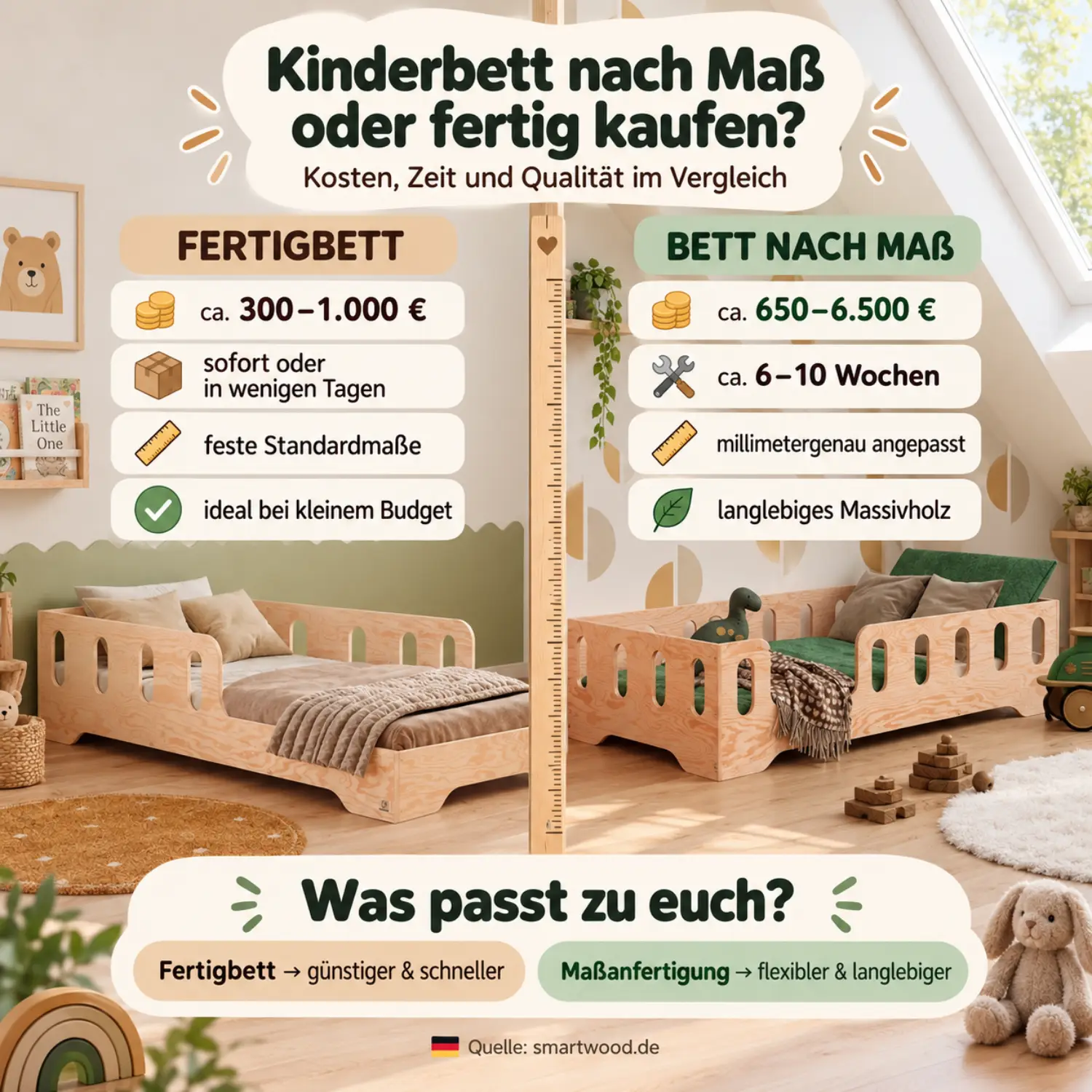 Infografik: Kinderbett nach Maß oder fertig kaufen - Vergleich von Kosten, Zeit und Qualität für beide Optionen.
