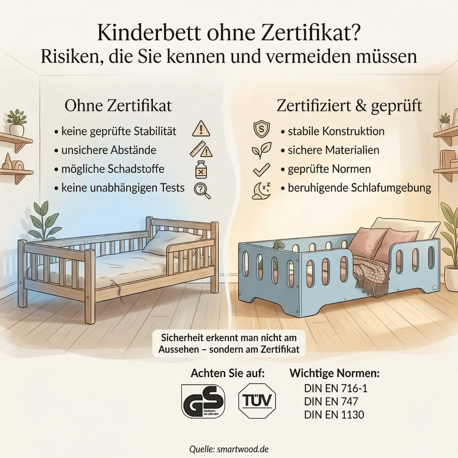 Infografik über Risiken von Kinderbetten ohne Zertifikat – Vergleich zwischen ungeprüftem und zertifiziertem Kinderbett mit Sicherheitsnormen