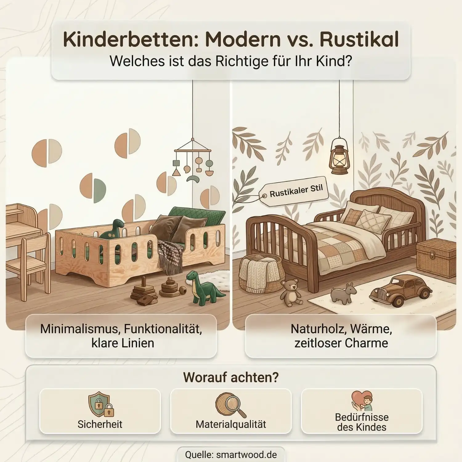 Infografik: modernes vs. rustikales Kinderbett — Vergleich von Stil, Material und Sicherheit für Kinderzimmer