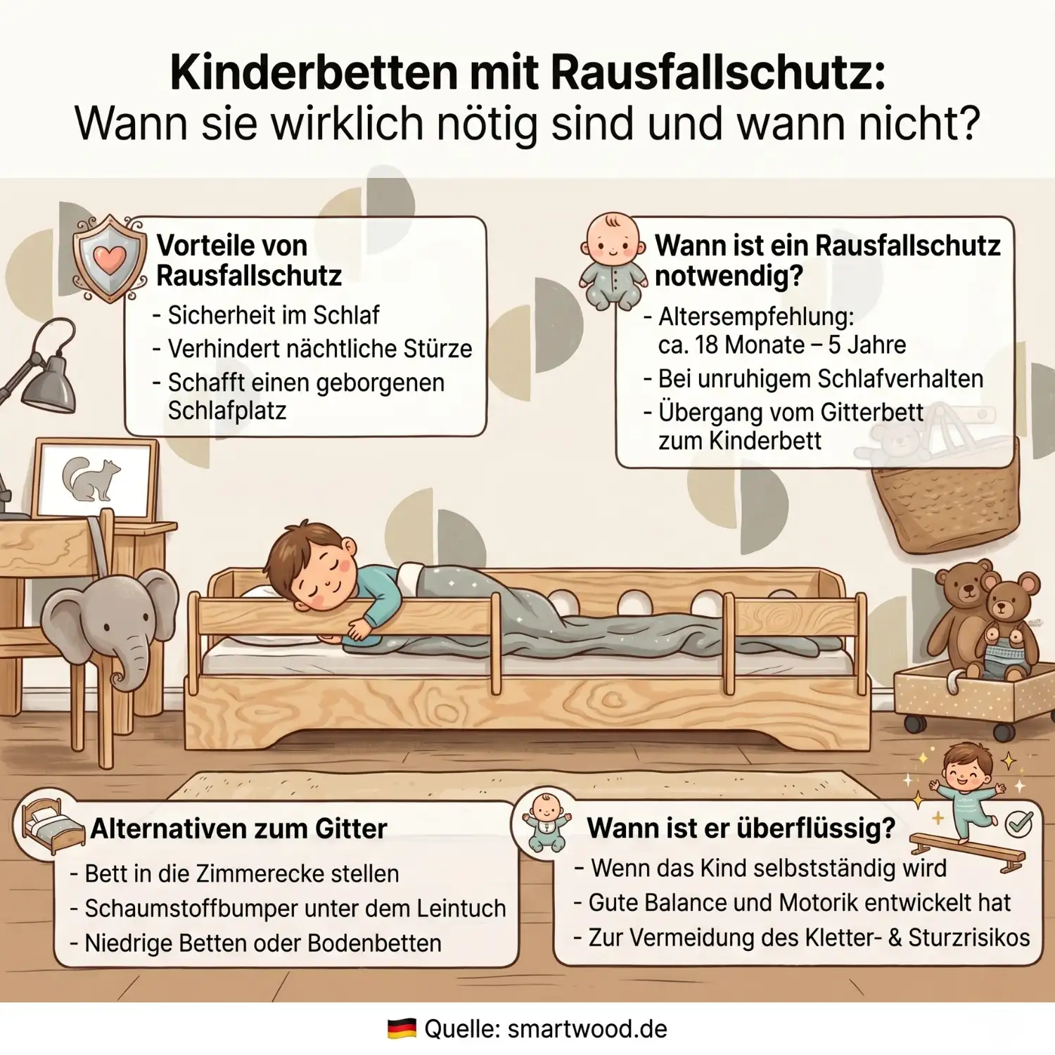 Infografik über Kinderbetten mit Rausfallschutz - Vorteile, Altersempfehlung von 18 Monaten bis 5 Jahren, Alternativen und wann der Schutz überflüssig wird