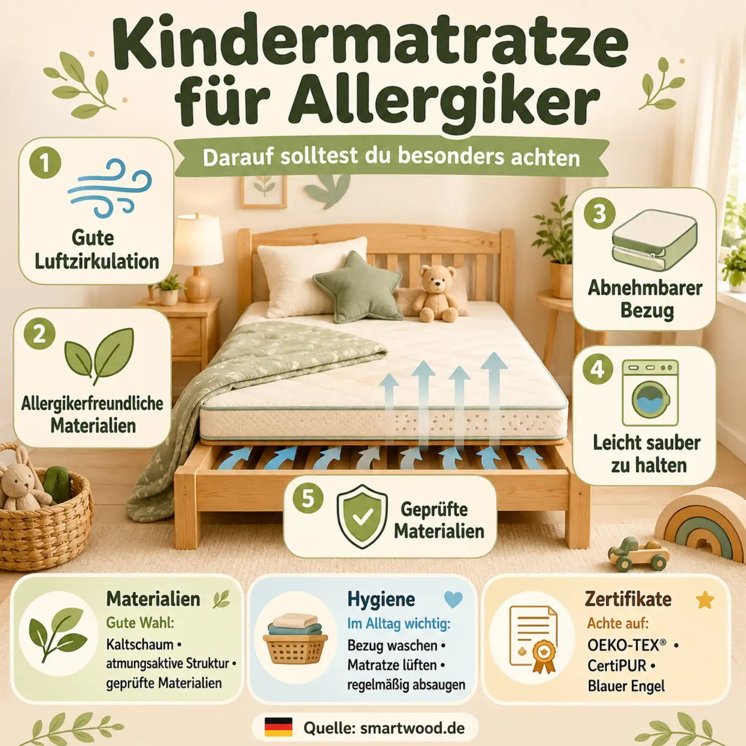Infografik: Kindermatratze für Allergiker - Luftzirkulation, allergikerfreundliche Materialien, abnehmbarer Bezug, leichte Pflege und geprüfte Zertifikate.